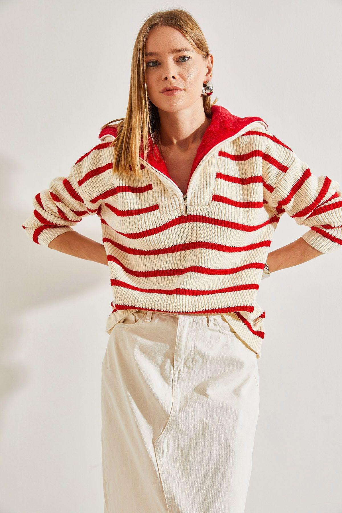 Multicolour Striped Zipper Knitted Sweater, C101_4892, large image number 3