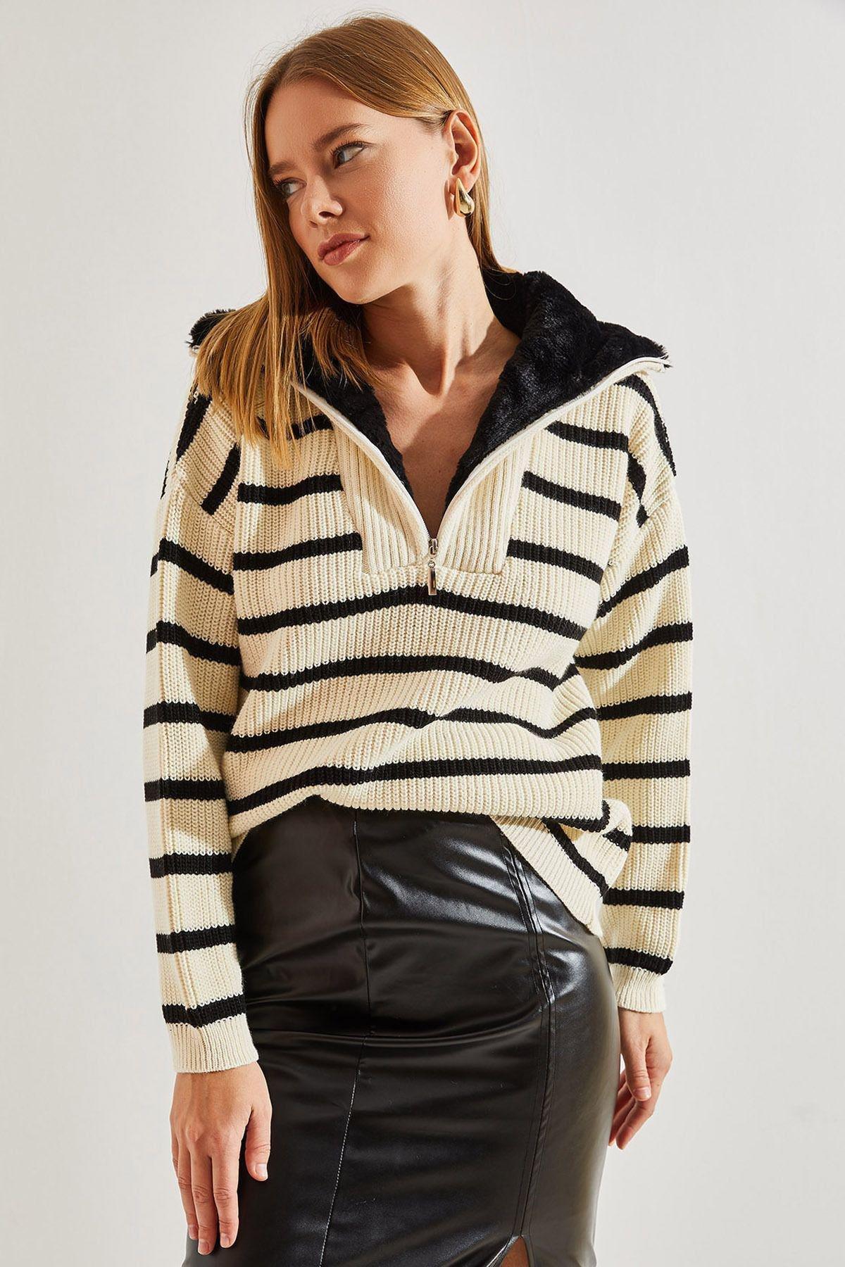 Multicolour Striped Zippered Knitted Sweater, Beige-Black, large image number 0