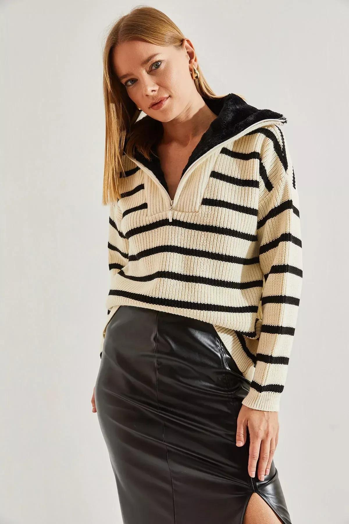 Multicolour Striped Zippered Knitted Sweater, Beige-Black, large image number 1