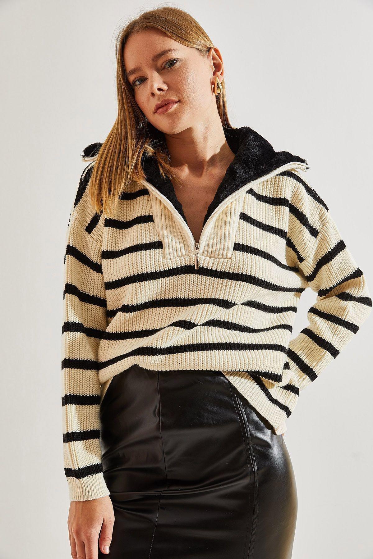 Multicolour Striped Zippered Knitted Sweater, Beige-Black, large image number 3