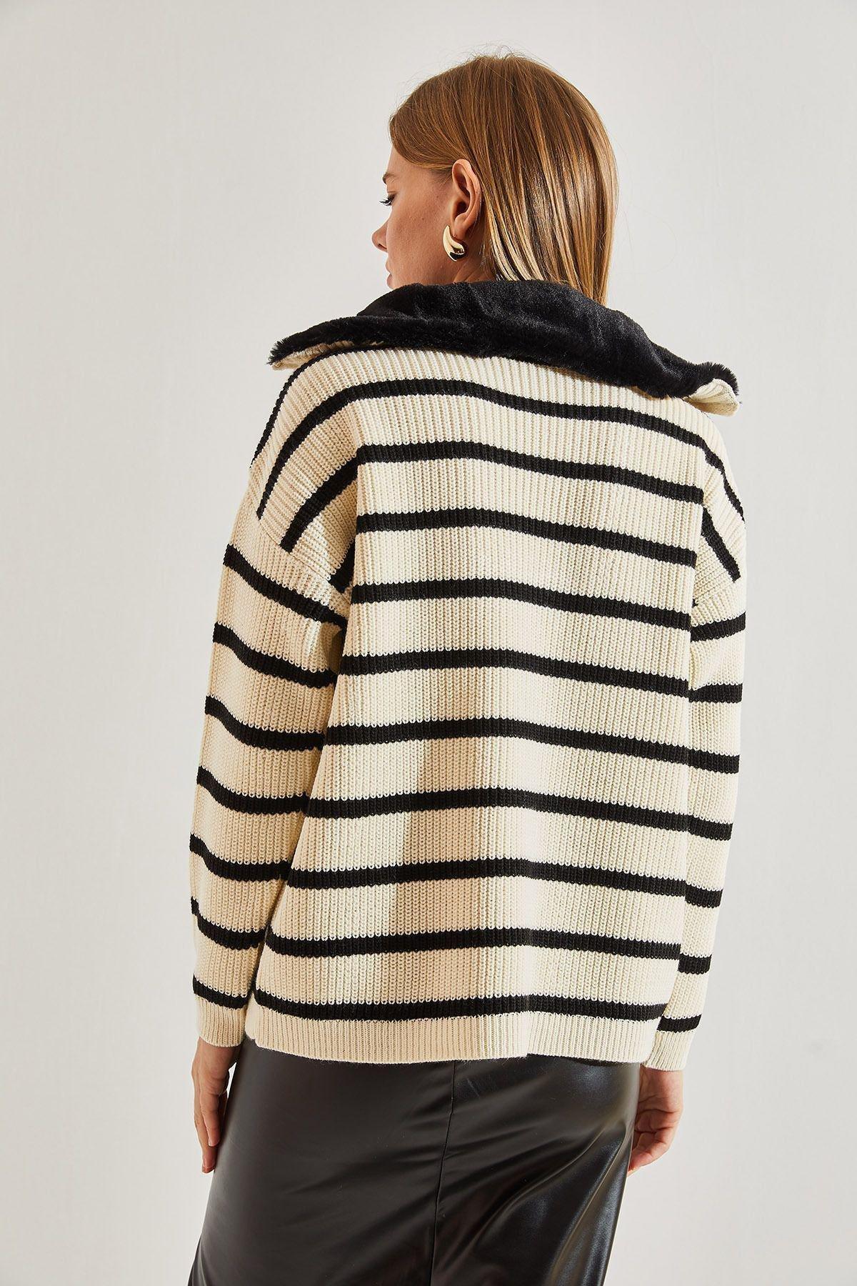 Multicolour Striped Zippered Knitted Sweater, Beige-Black, large image number 4