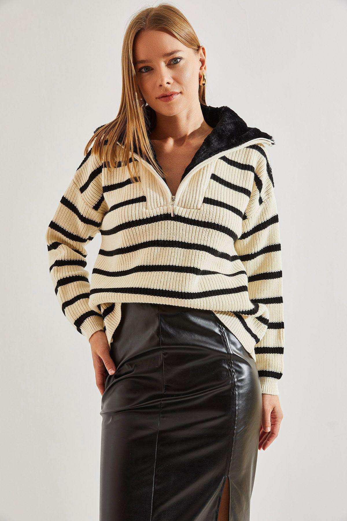 Multicolour Striped Zippered Knitted Sweater, Beige-Black, large image number 6