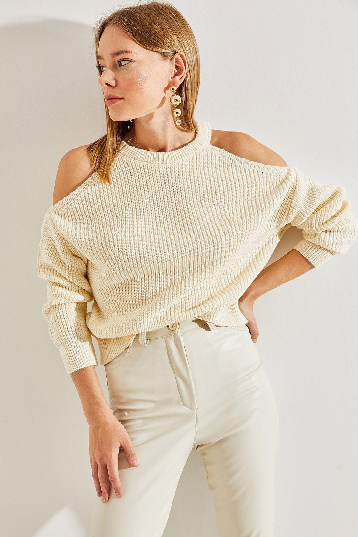 White Decollete Knitted Sweater, Cream, large image number 0