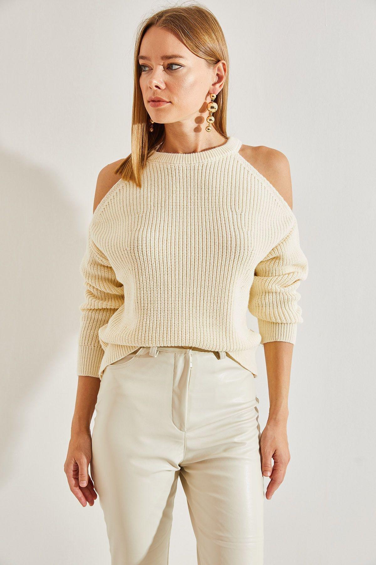 White Decollete Knitted Sweater, Cream, large image number 4