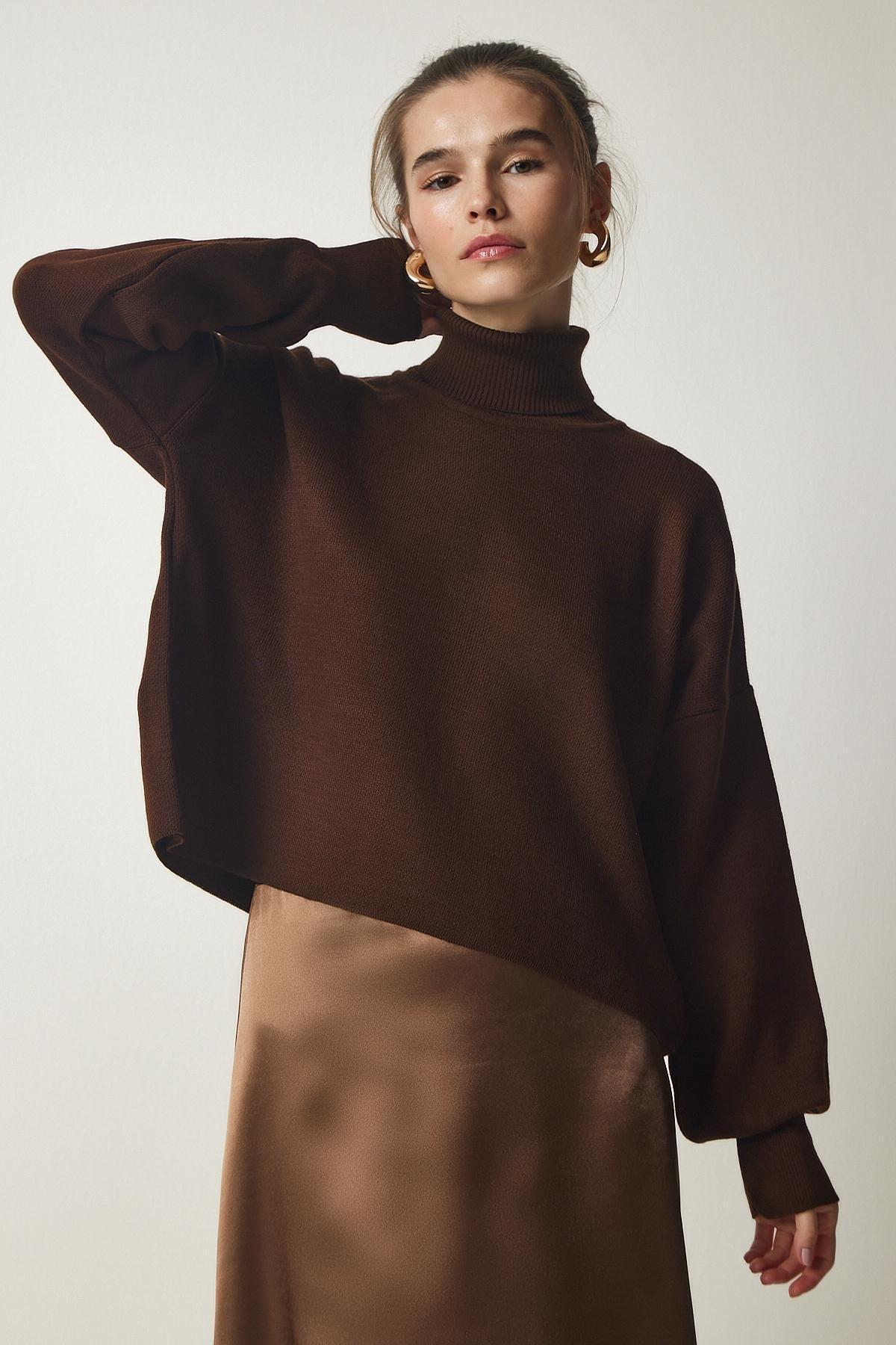 Brown Turtleneck Knitwear Sweater, Brown, large image number 0