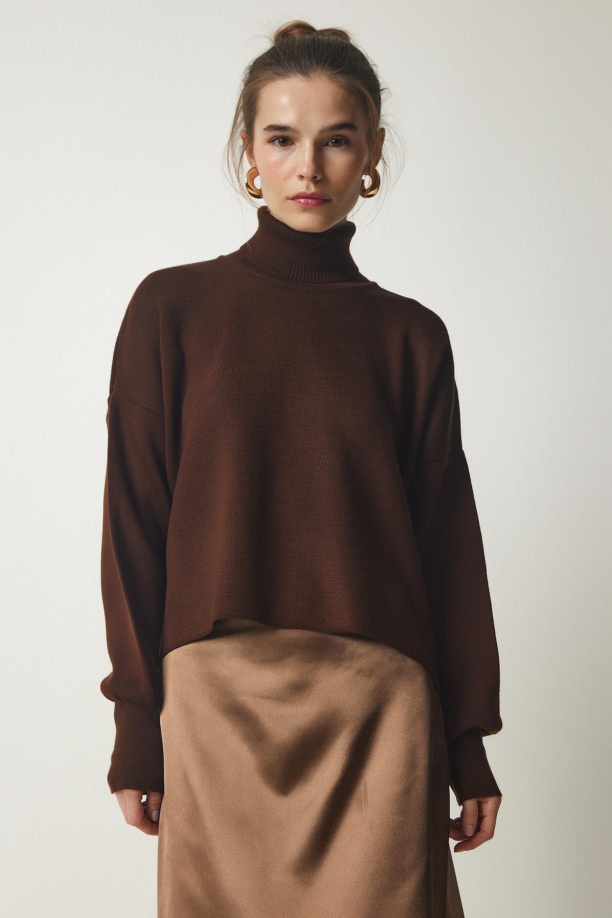 Brown Turtleneck Knitwear Sweater, Brown, large image number 1