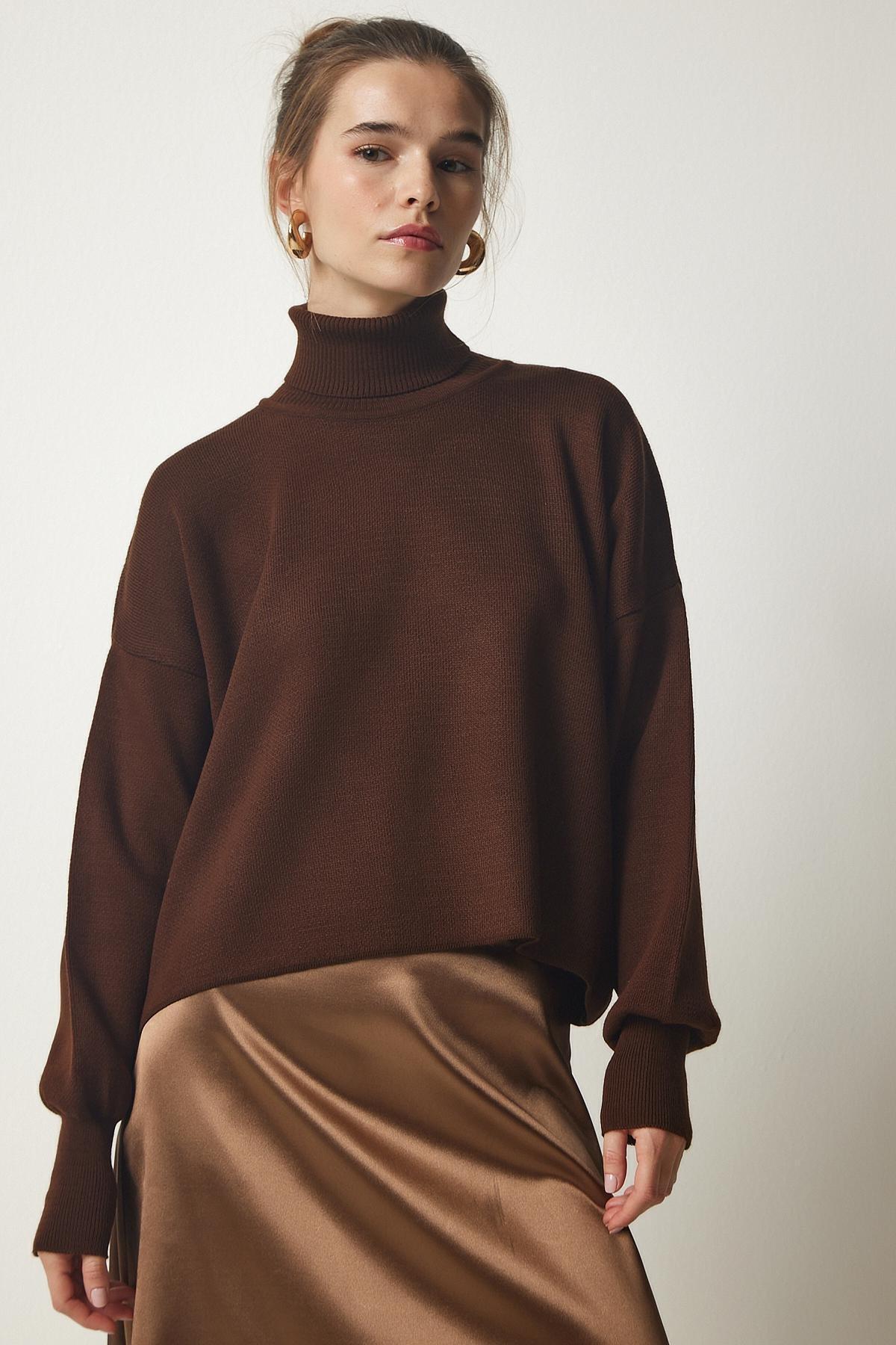 Brown Turtleneck Knitwear Sweater, Brown, large image number 2