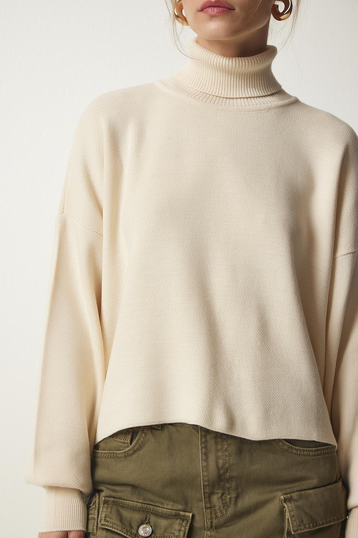 Cream Turtleneck Casual Knitwear Sweater, Cream, large image number 0