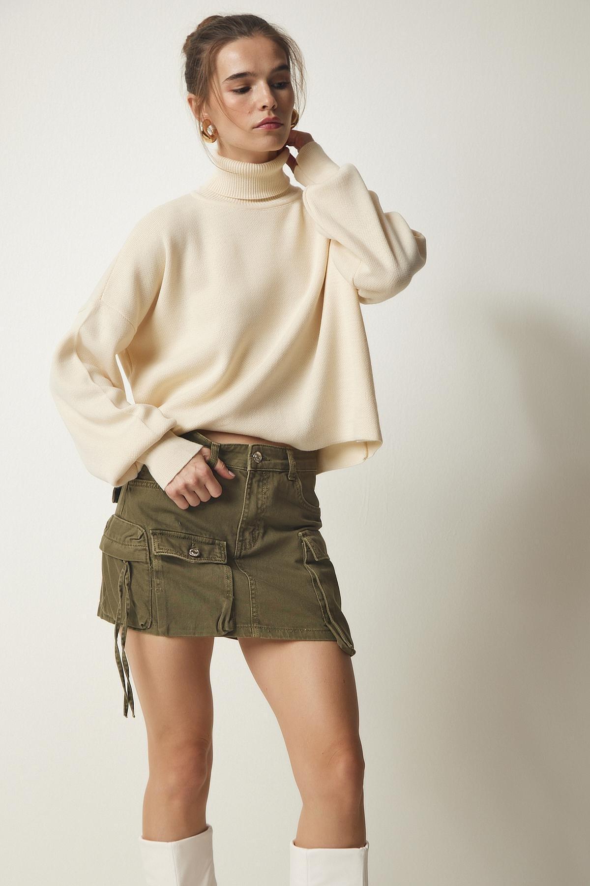 Cream Turtleneck Casual Knitwear Sweater, Cream, large image number 1