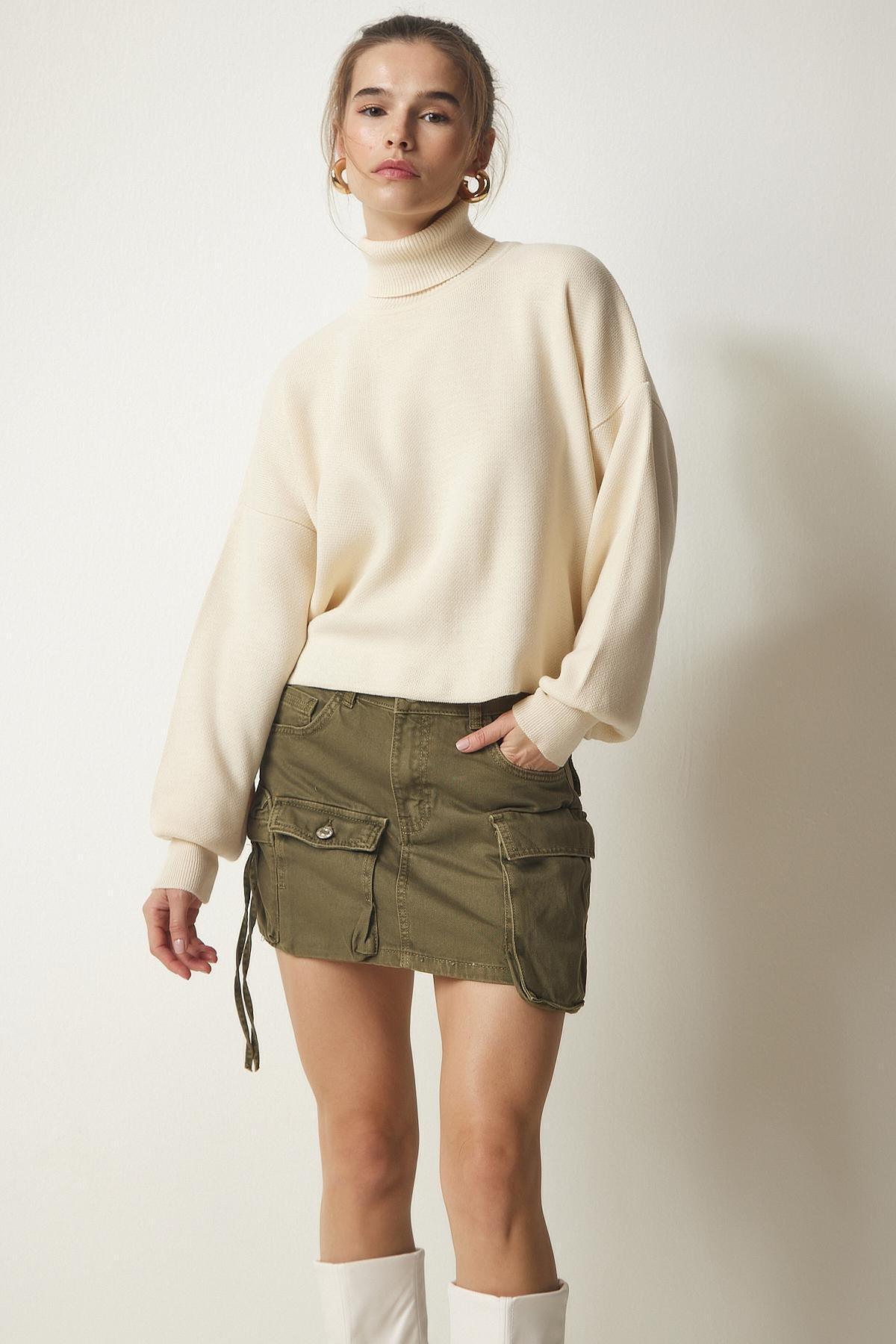 Cream Turtleneck Casual Knitwear Sweater, Cream, large image number 2