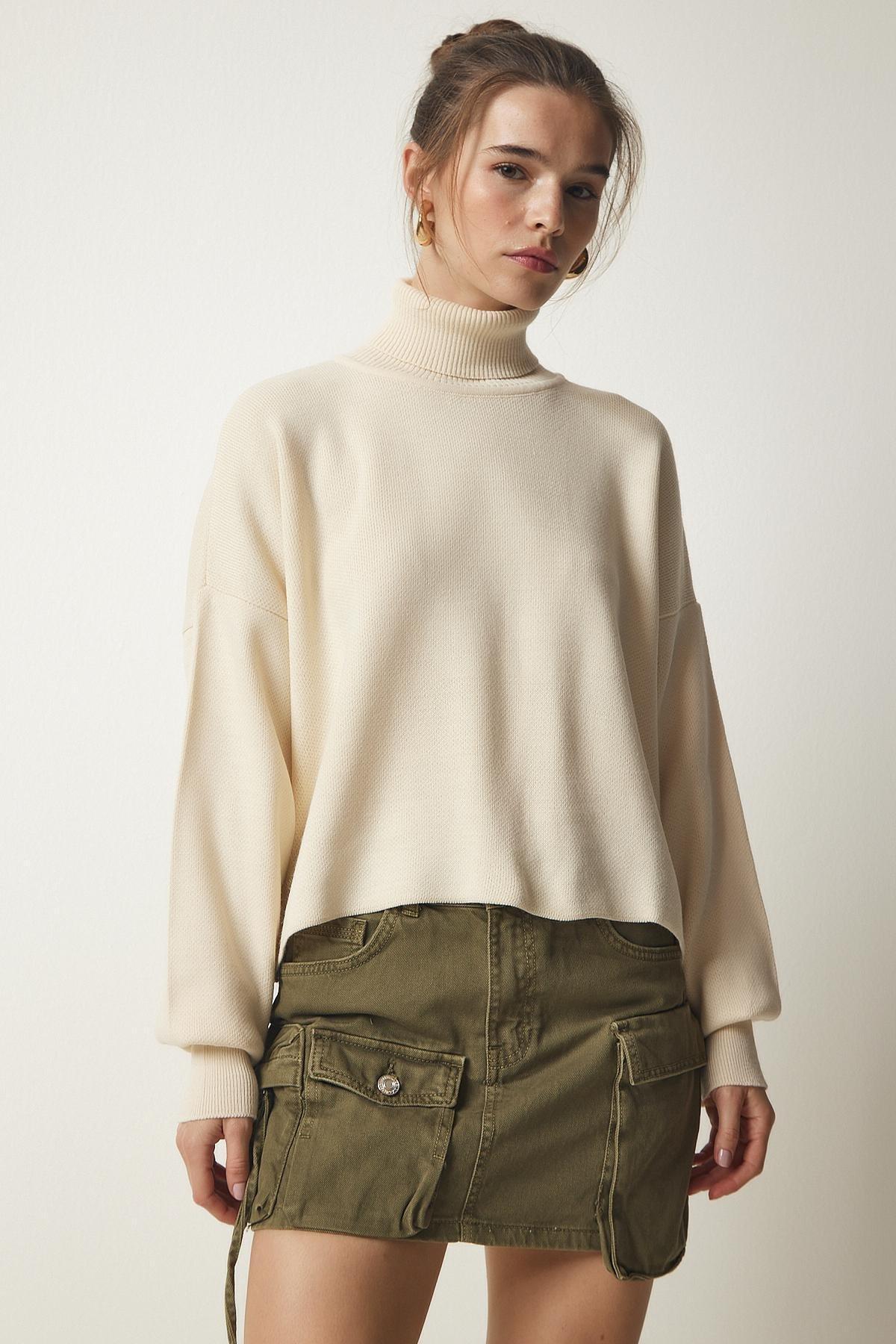 Cream Turtleneck Casual Knitwear Sweater, Cream, large image number 3