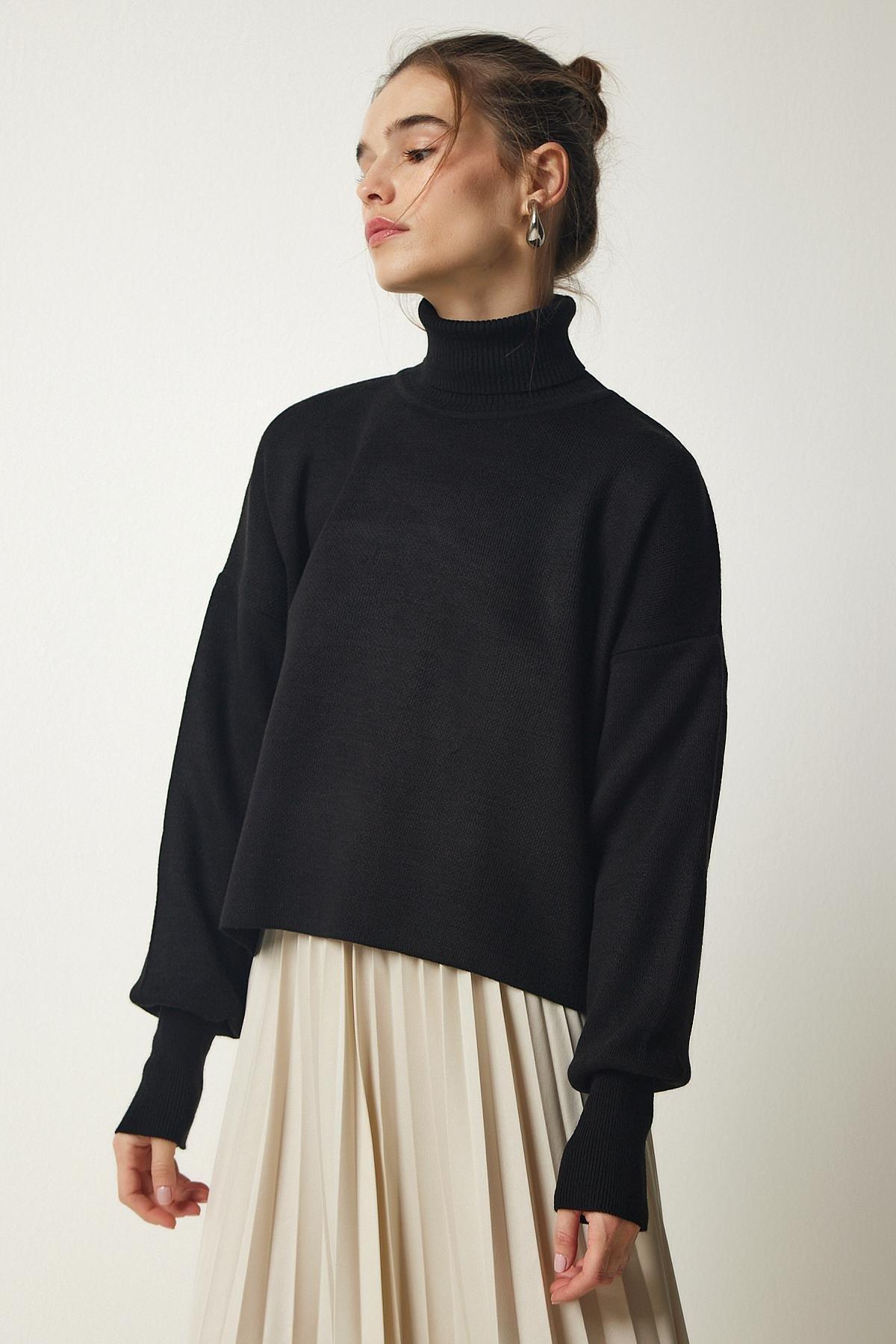 Black Turtleneck Knitwear Sweater, BLACK, large image number 0