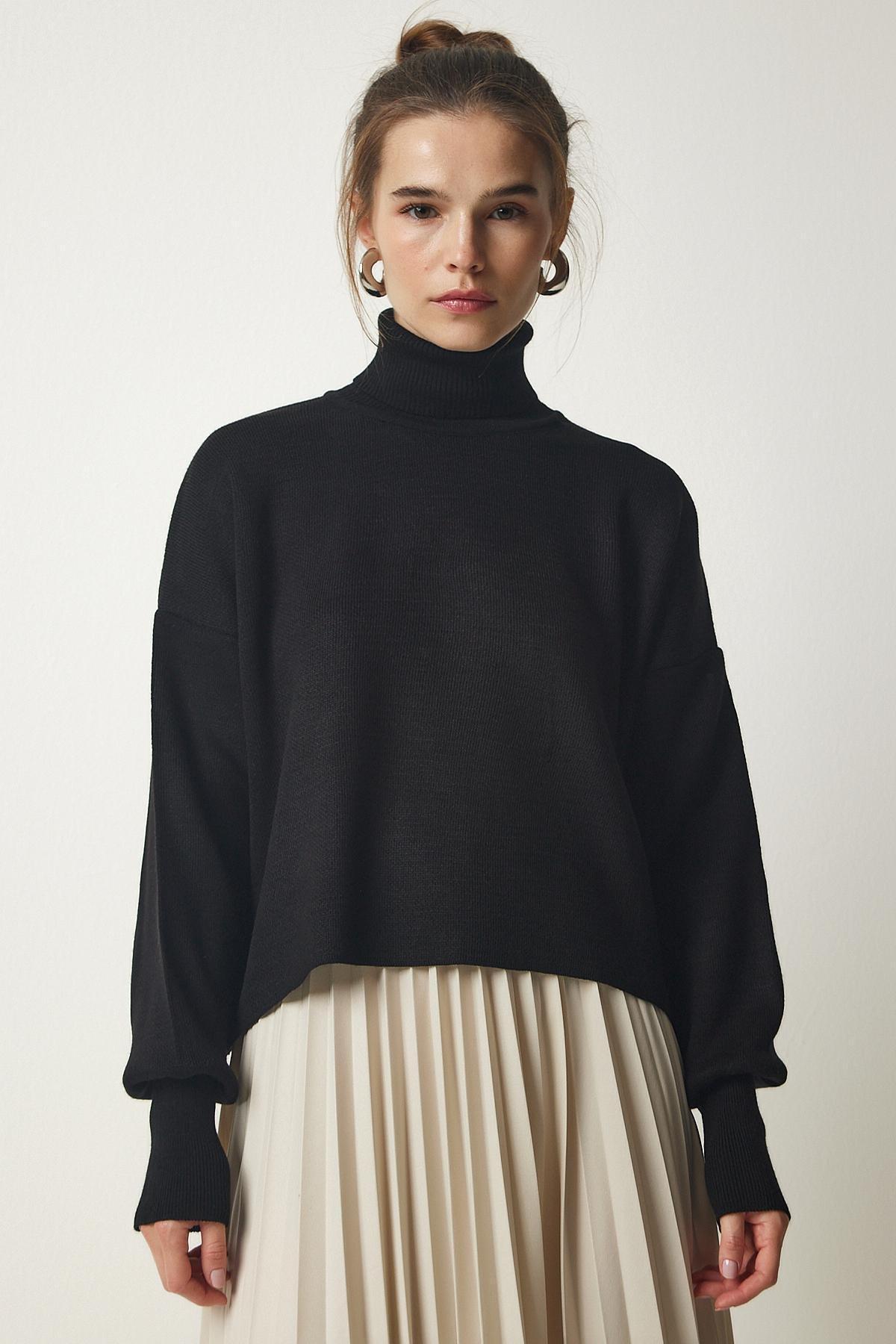 Black Turtleneck Knitwear Sweater, BLACK, large image number 1