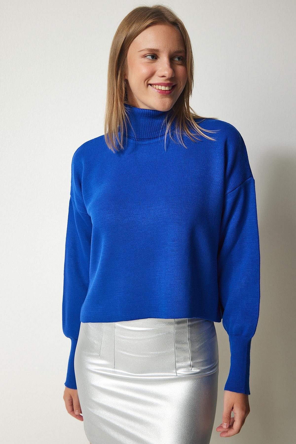 Blue Turtleneck Casual Knitwear Sweater, Blue, large image number 0