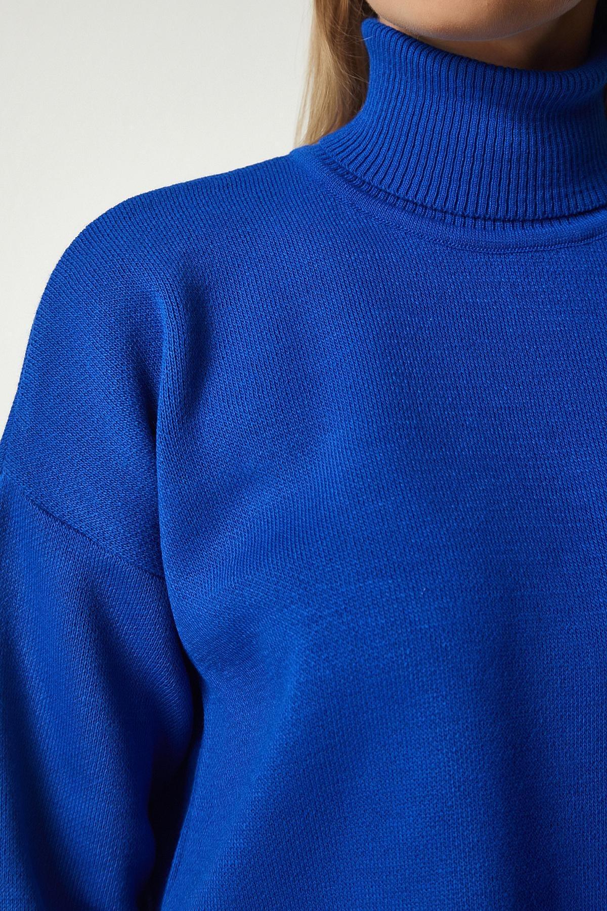 Blue Turtleneck Casual Knitwear Sweater, Blue, large image number 3