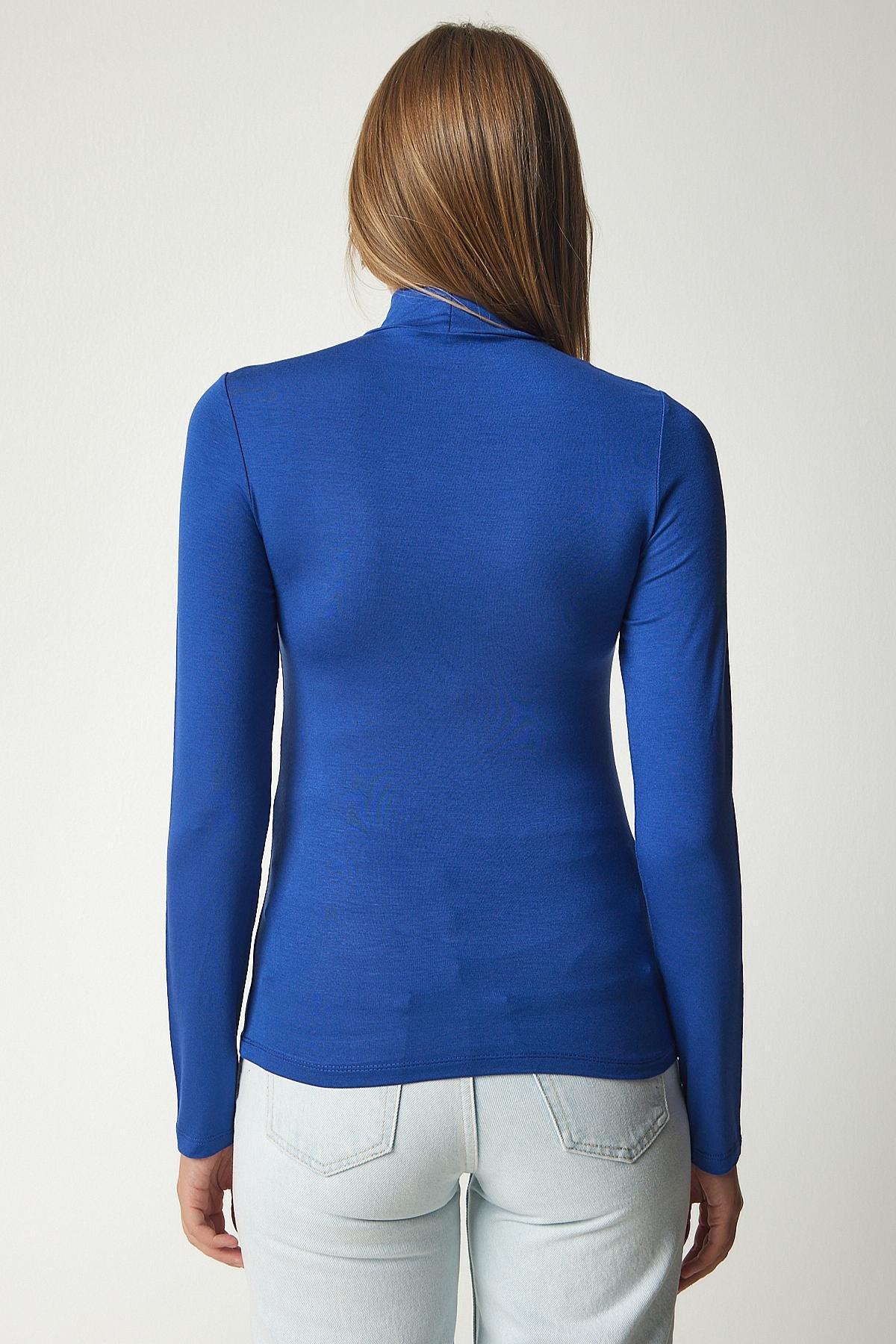 Blue Stand-Up Collar Knitted Blouse, , large image number 4