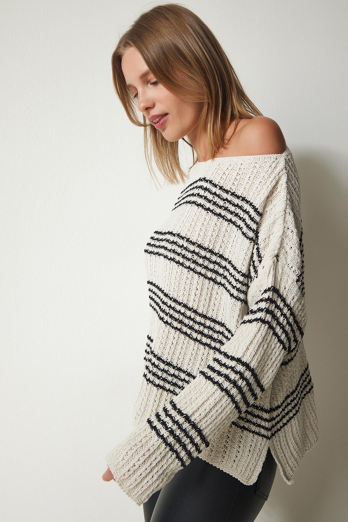 Cream Boat Neck Striped Sweater, , large image number 0