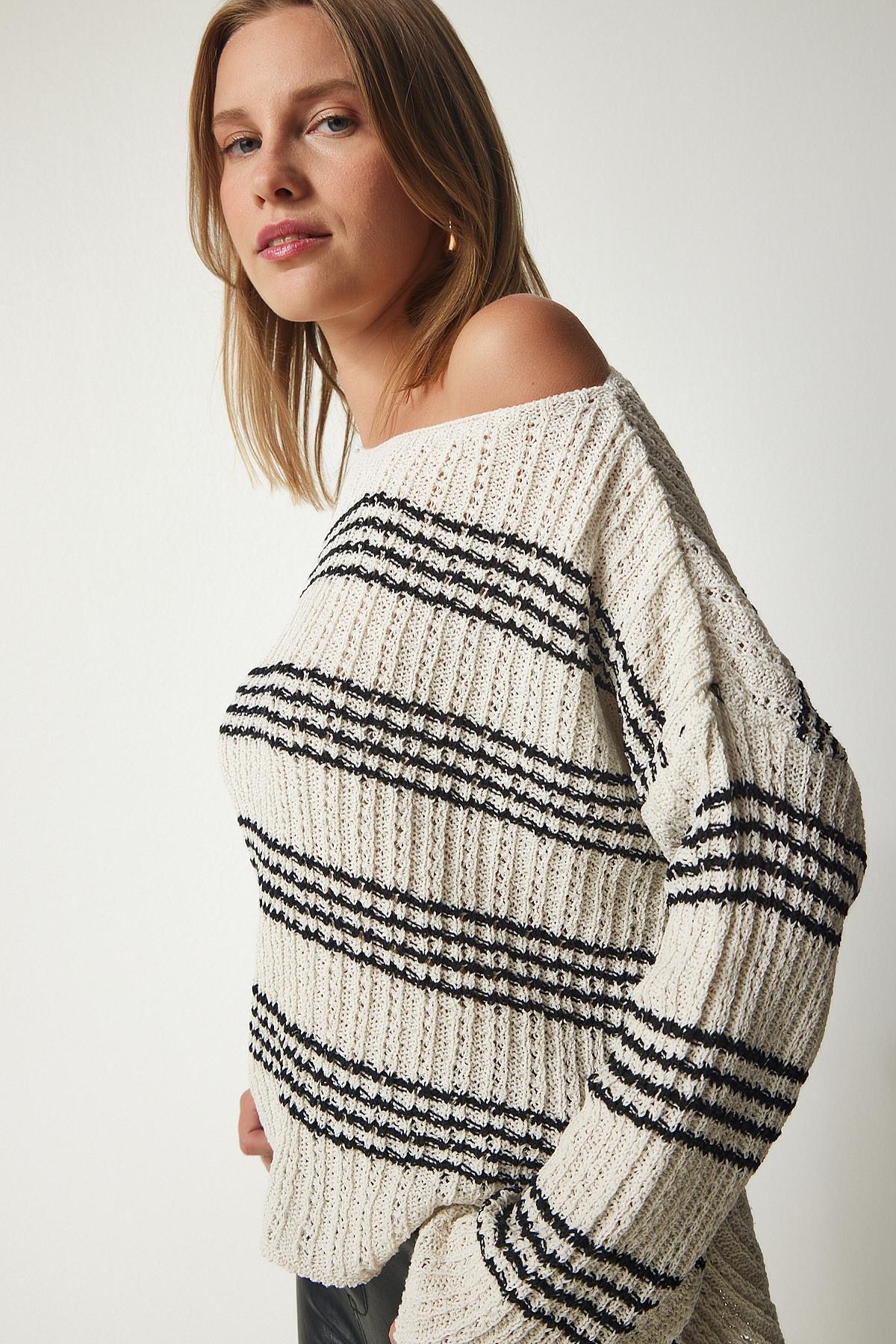 Cream Boat Neck Striped Sweater, , large image number 1