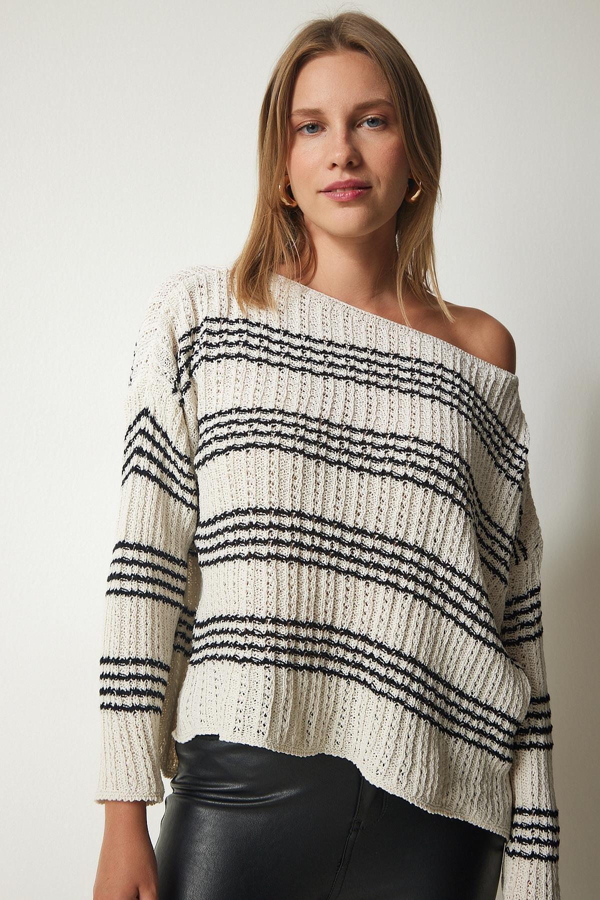 Cream Boat Neck Striped Sweater, , large image number 2