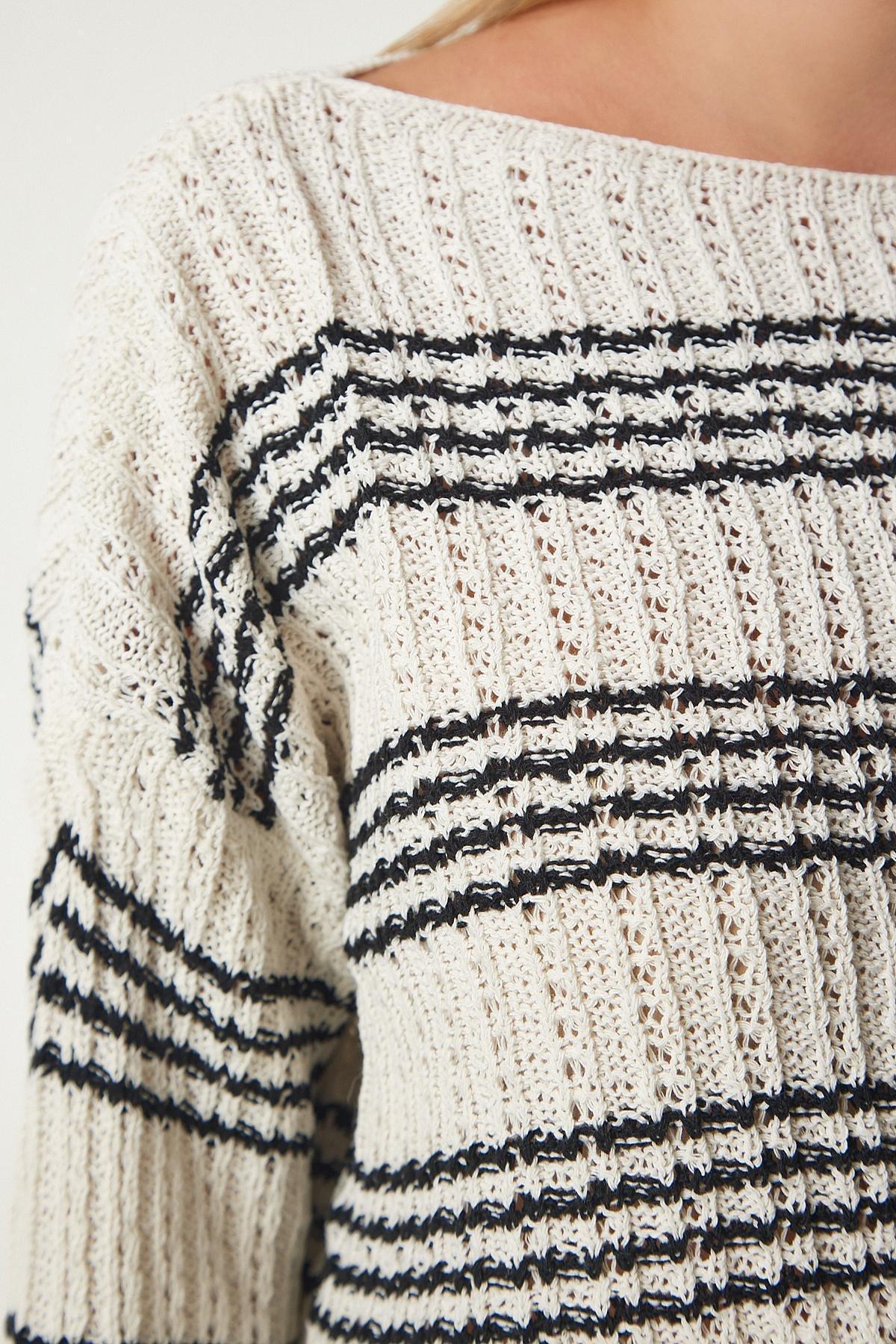 Cream Boat Neck Striped Sweater, , large image number 3