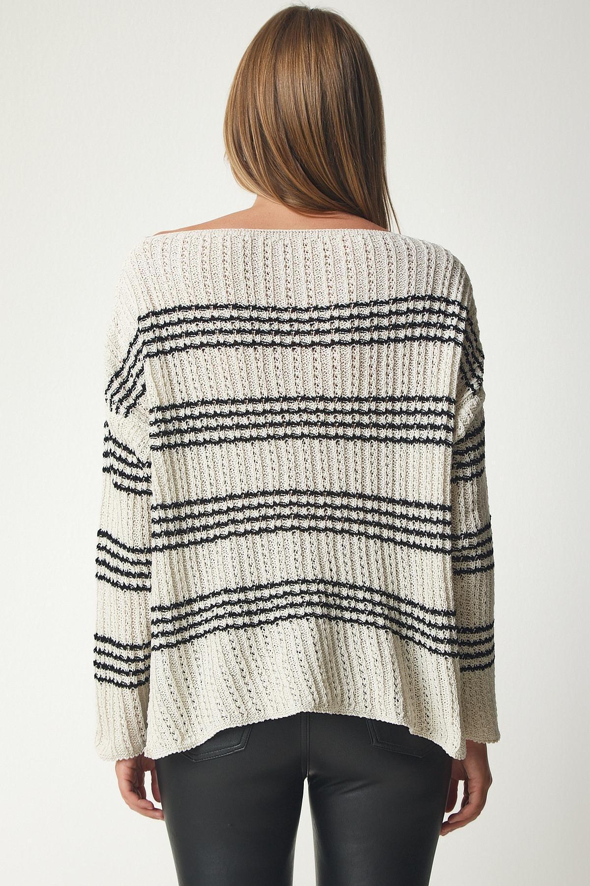 Cream Boat Neck Striped Sweater, , large image number 4