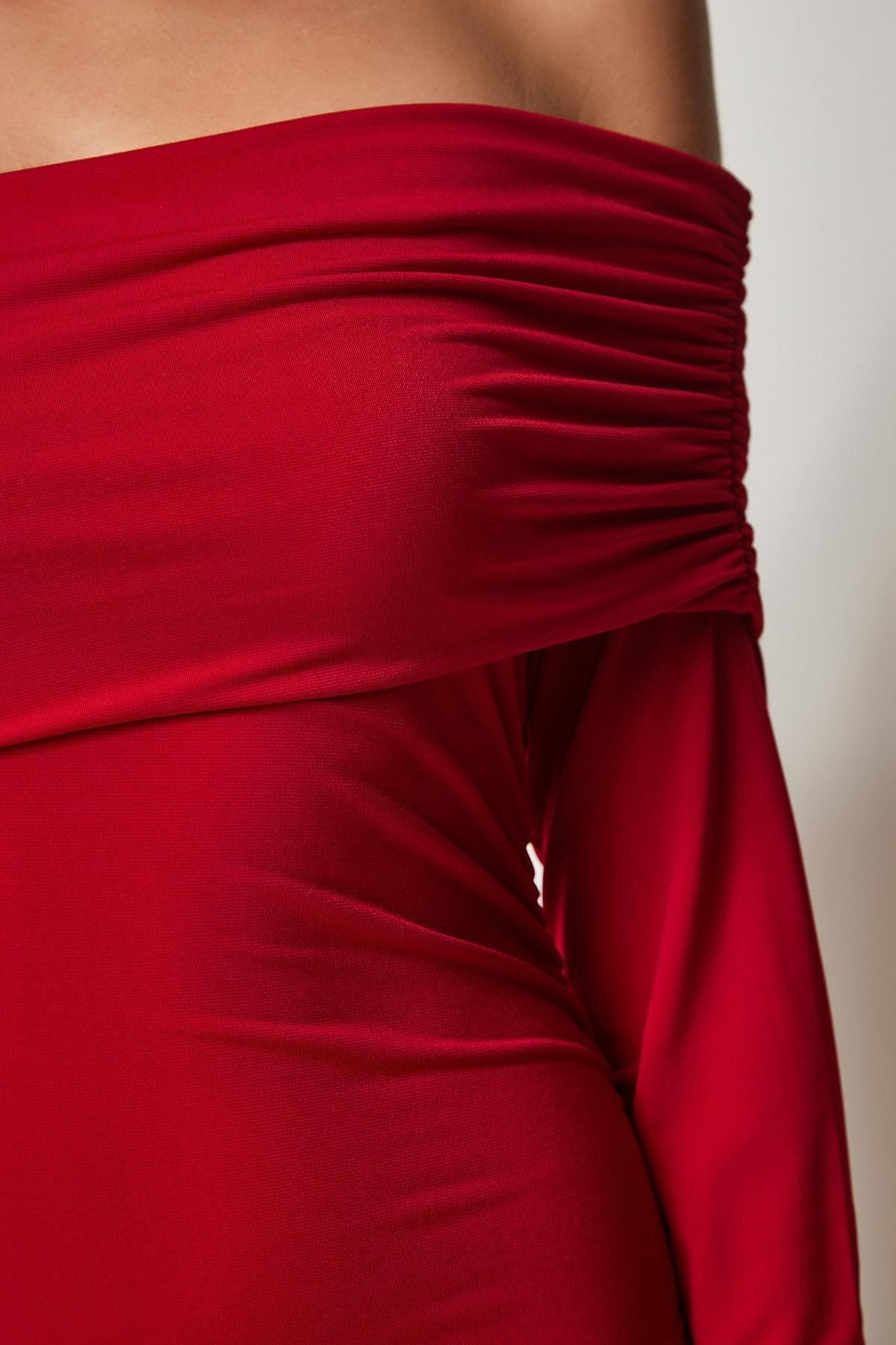 Red One-Shoulder Gathered Dress, , large image number 3