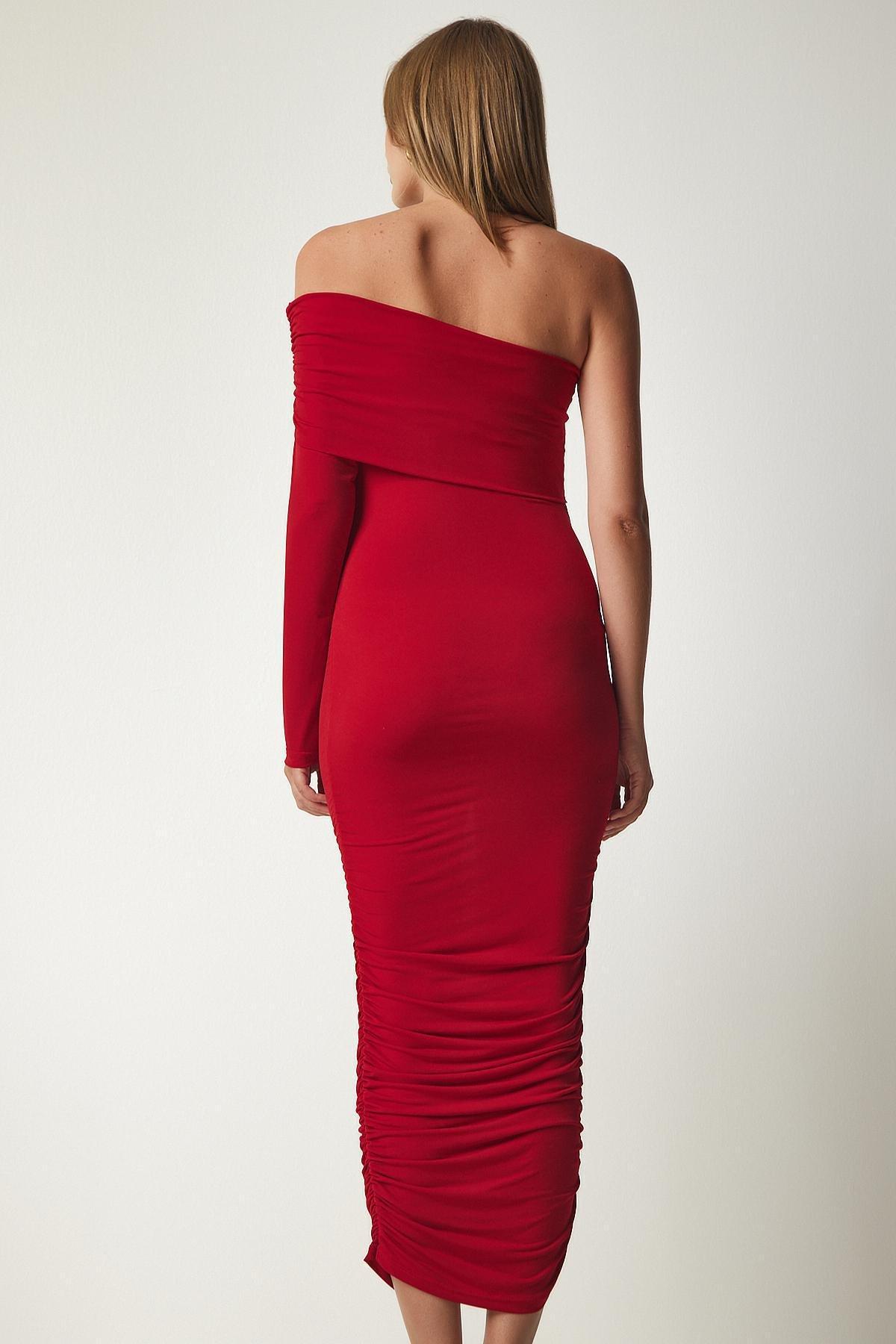 Red One-Shoulder Gathered Dress, , large image number 4