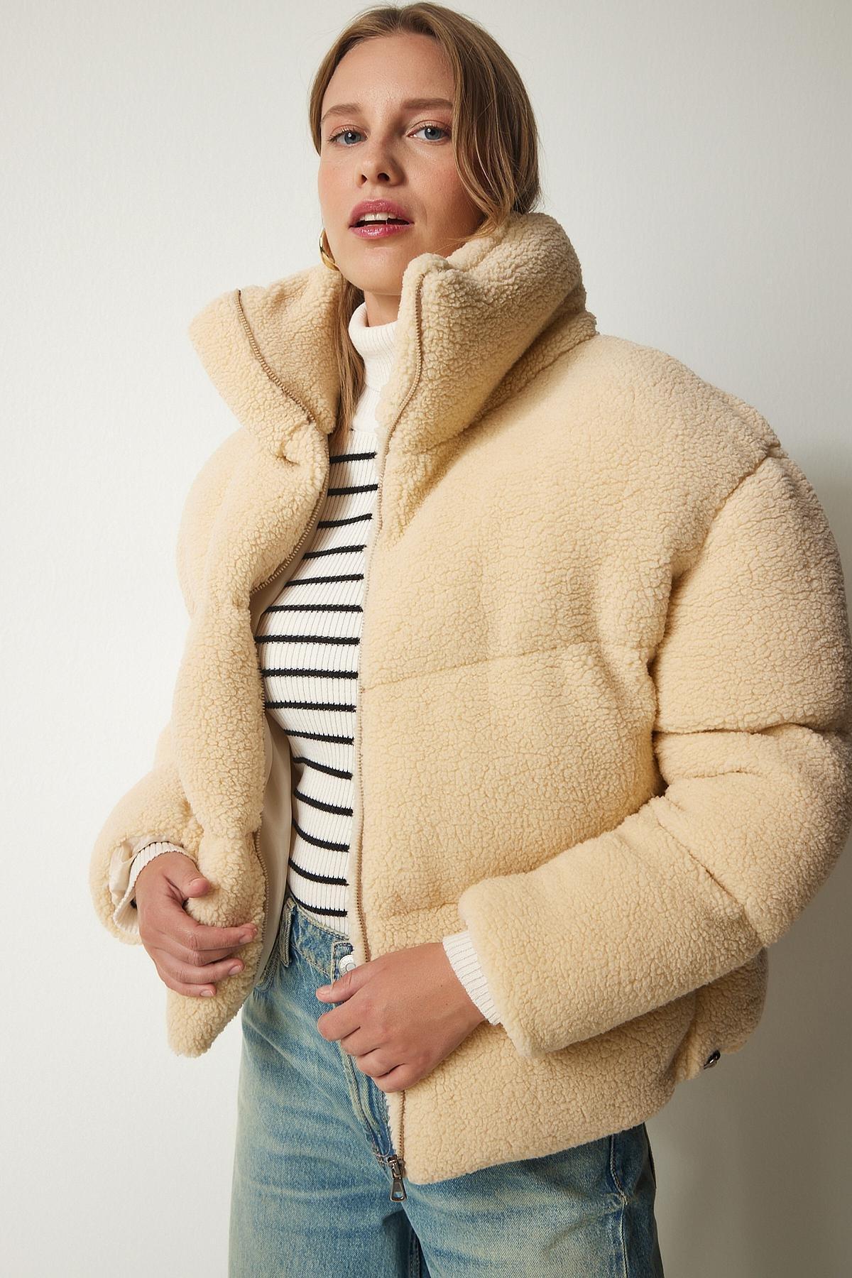 Cream High Neck Fluffy Puffer Coat, Cream, large image number 1