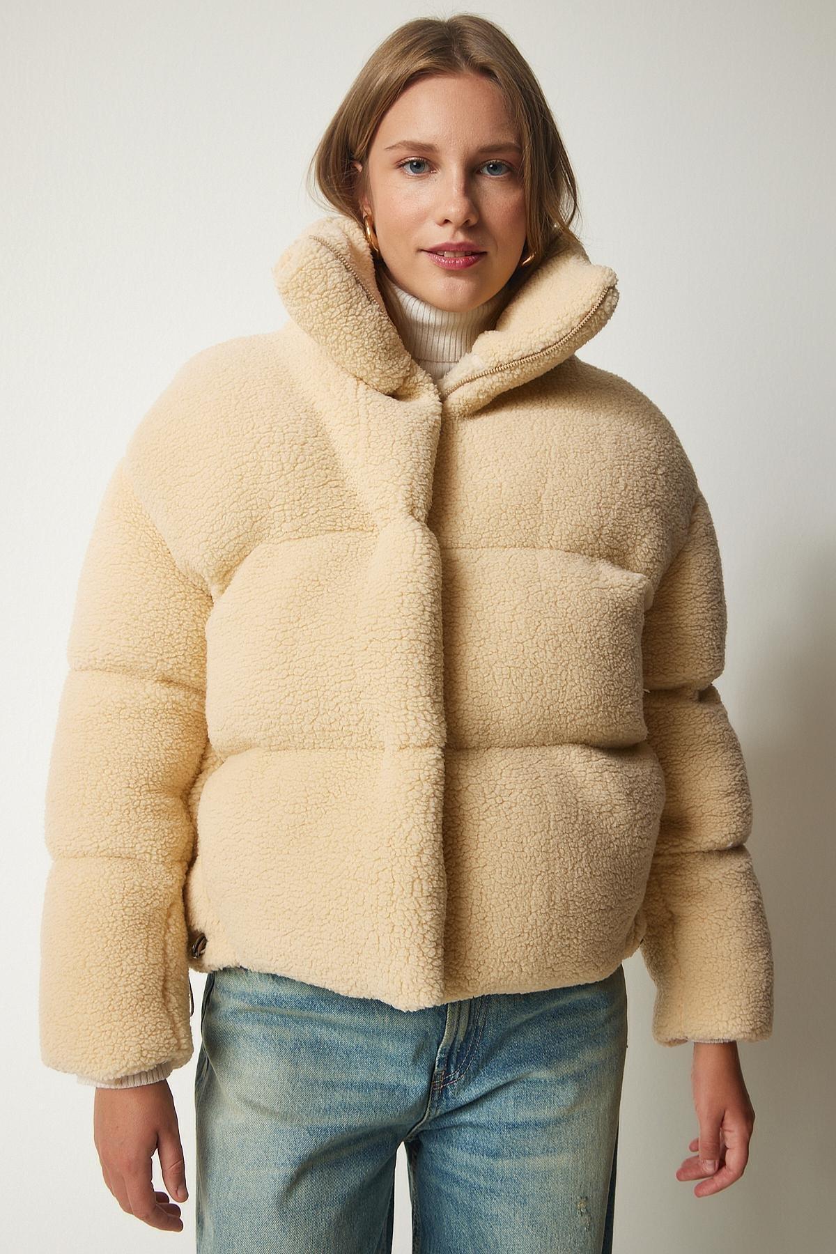 Cream High Neck Fluffy Puffer Coat, Cream, medium