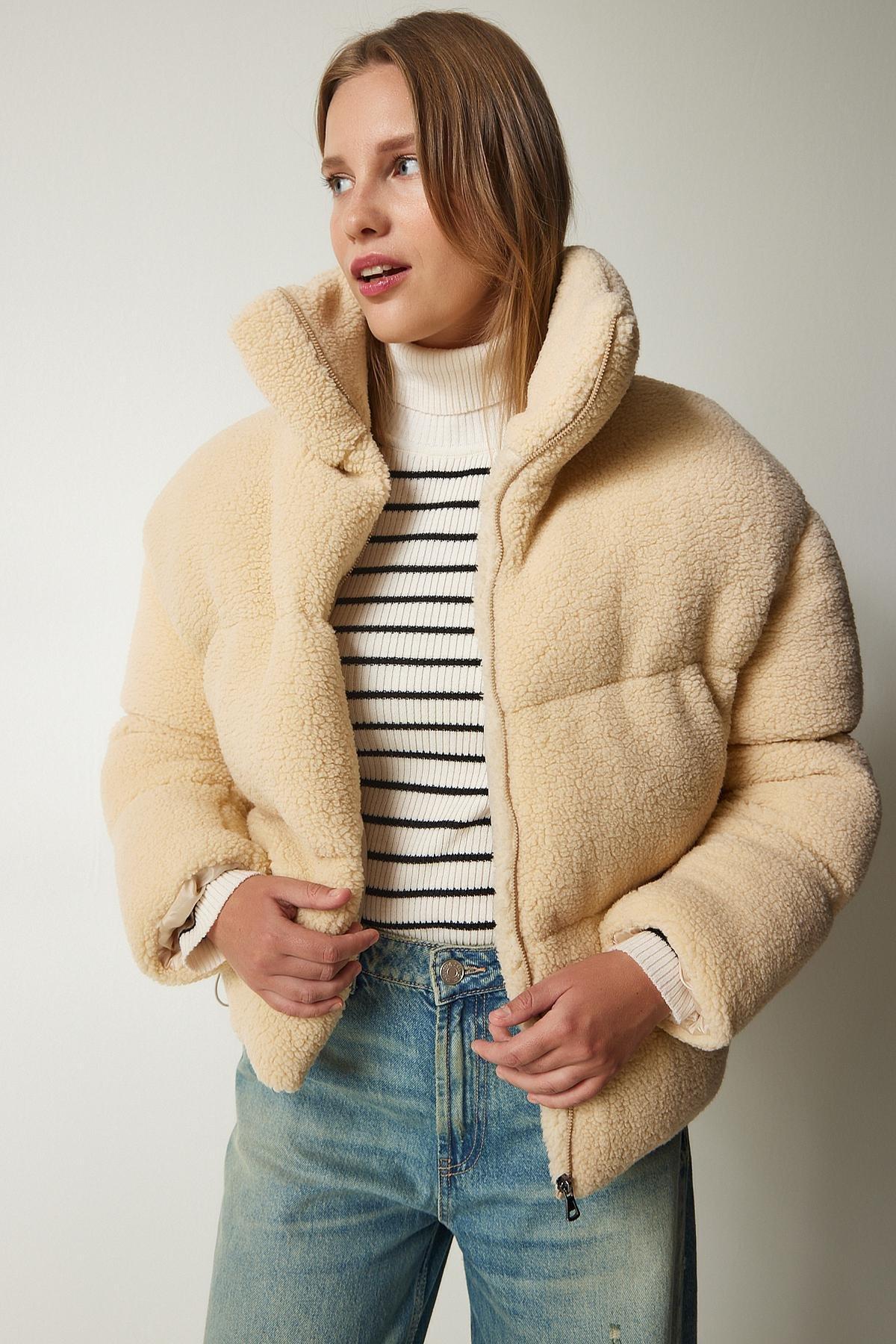 Cream High Neck Fluffy Puffer Coat, Cream, large image number 3