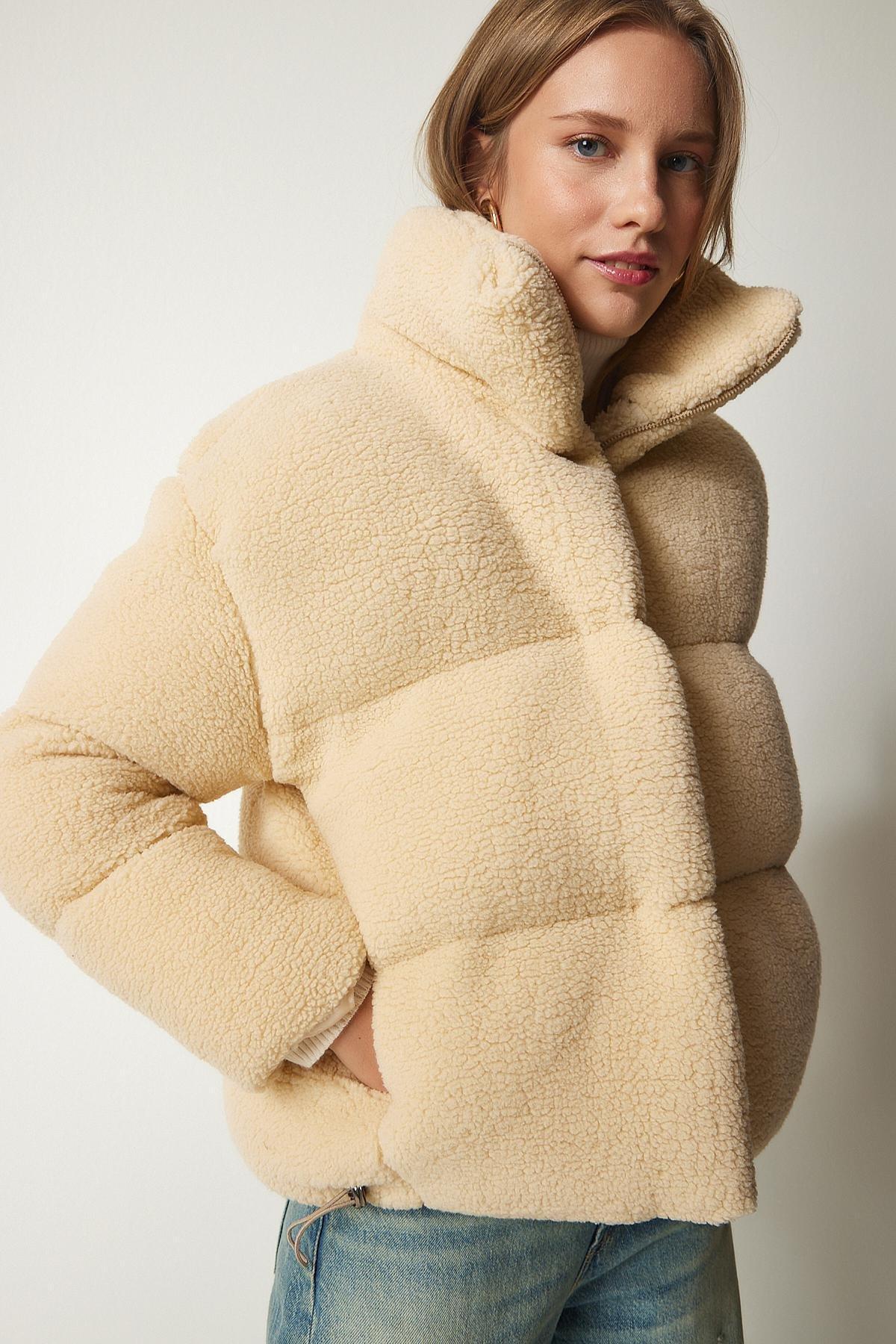 Cream High Neck Fluffy Puffer Coat, Cream, large image number 4