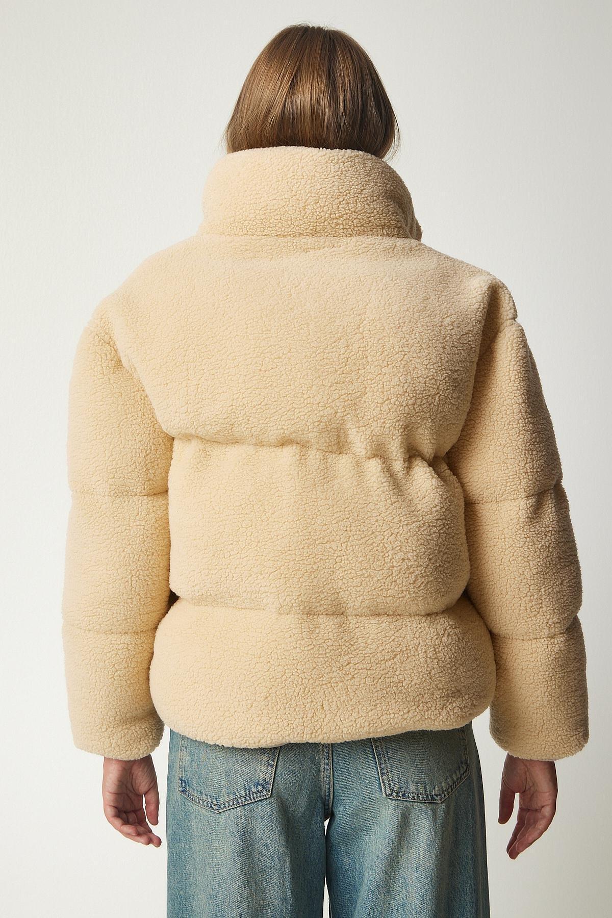 Cream High Neck Fluffy Puffer Coat, Cream, large image number 5