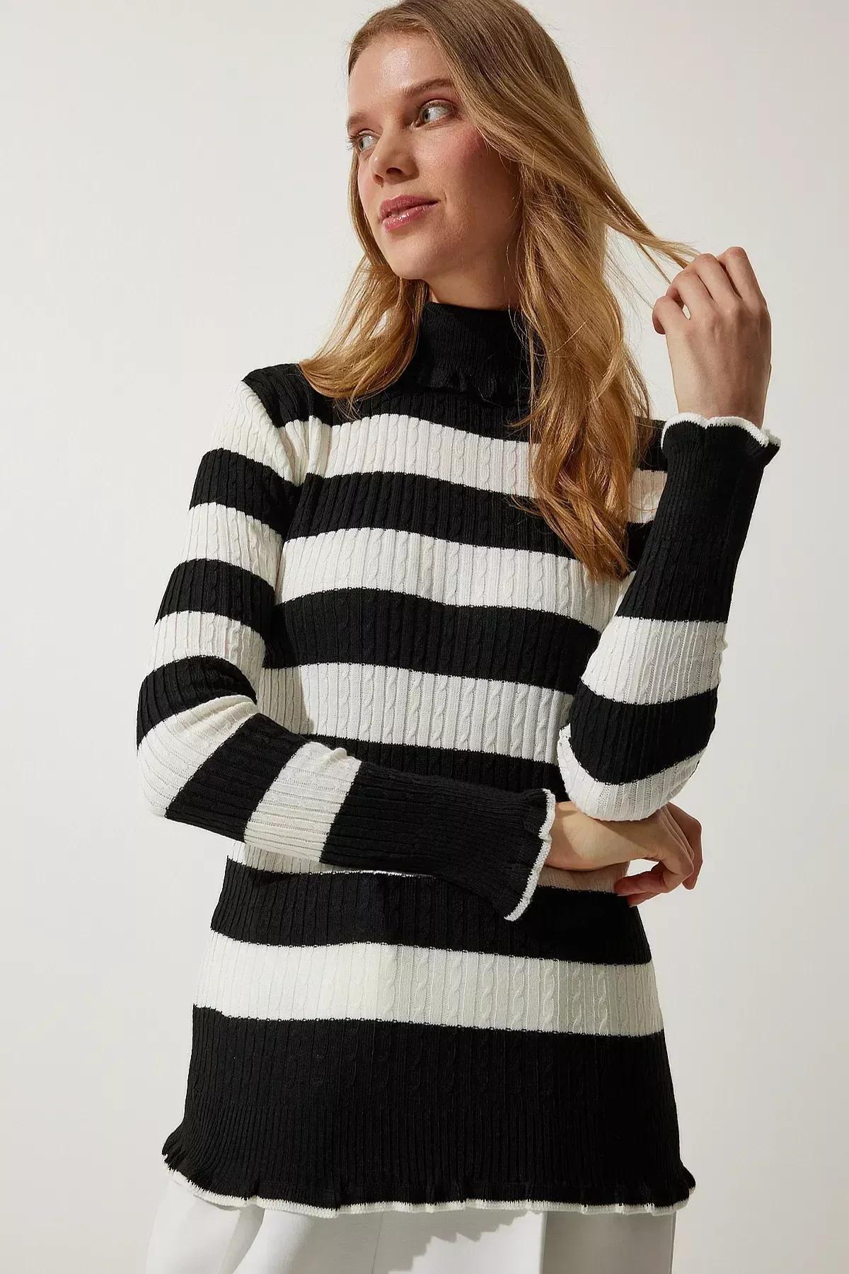 Black Beige Turtleneck Frilly Striped Knitwear Sweater, BLACK ECRU, large image number 1