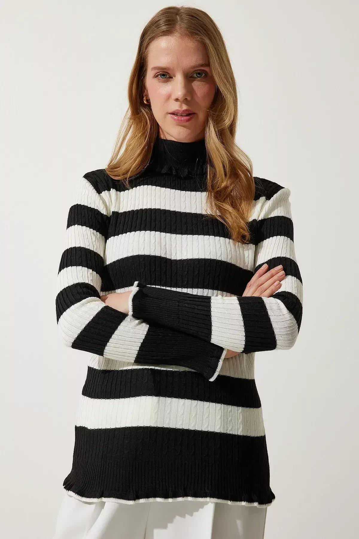 Black Beige Turtleneck Frilly Striped Knitwear Sweater, BLACK ECRU, large image number 2