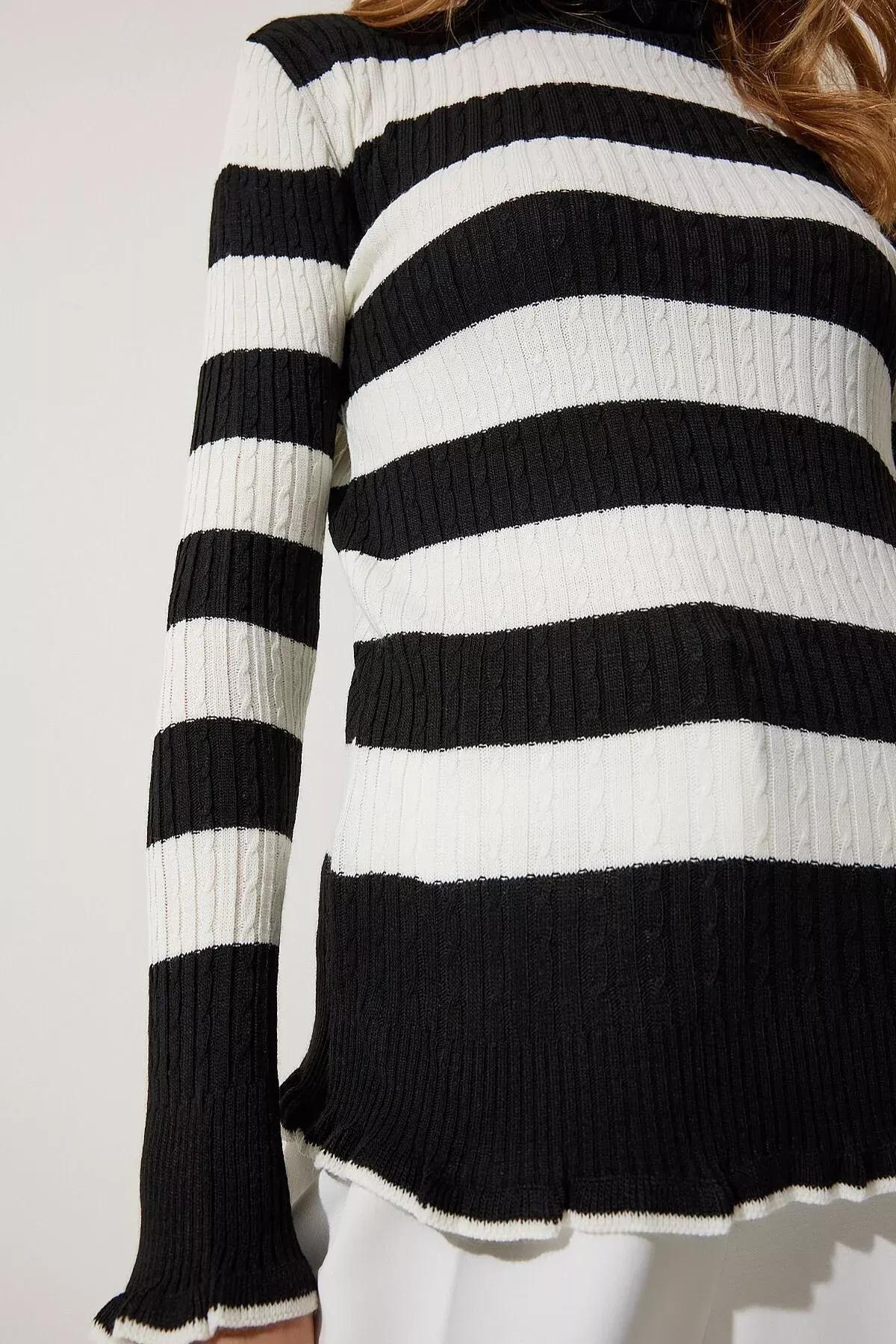 Black Beige Turtleneck Frilly Striped Knitwear Sweater, BLACK ECRU, large image number 3