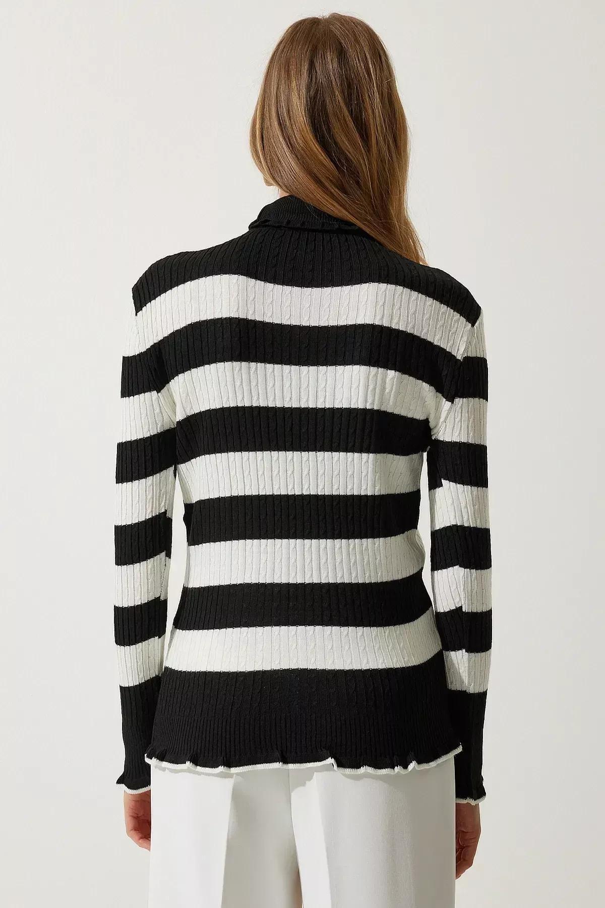 Black Beige Turtleneck Frilly Striped Knitwear Sweater, BLACK ECRU, large image number 5