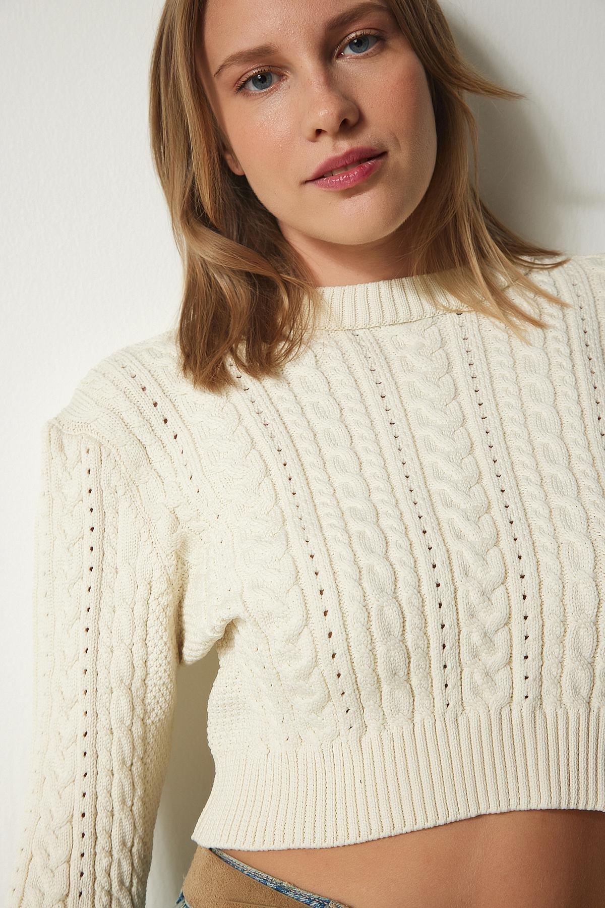 Cream Crew Neck Knit Patterned Crop Sweater, Cream, large image number 2
