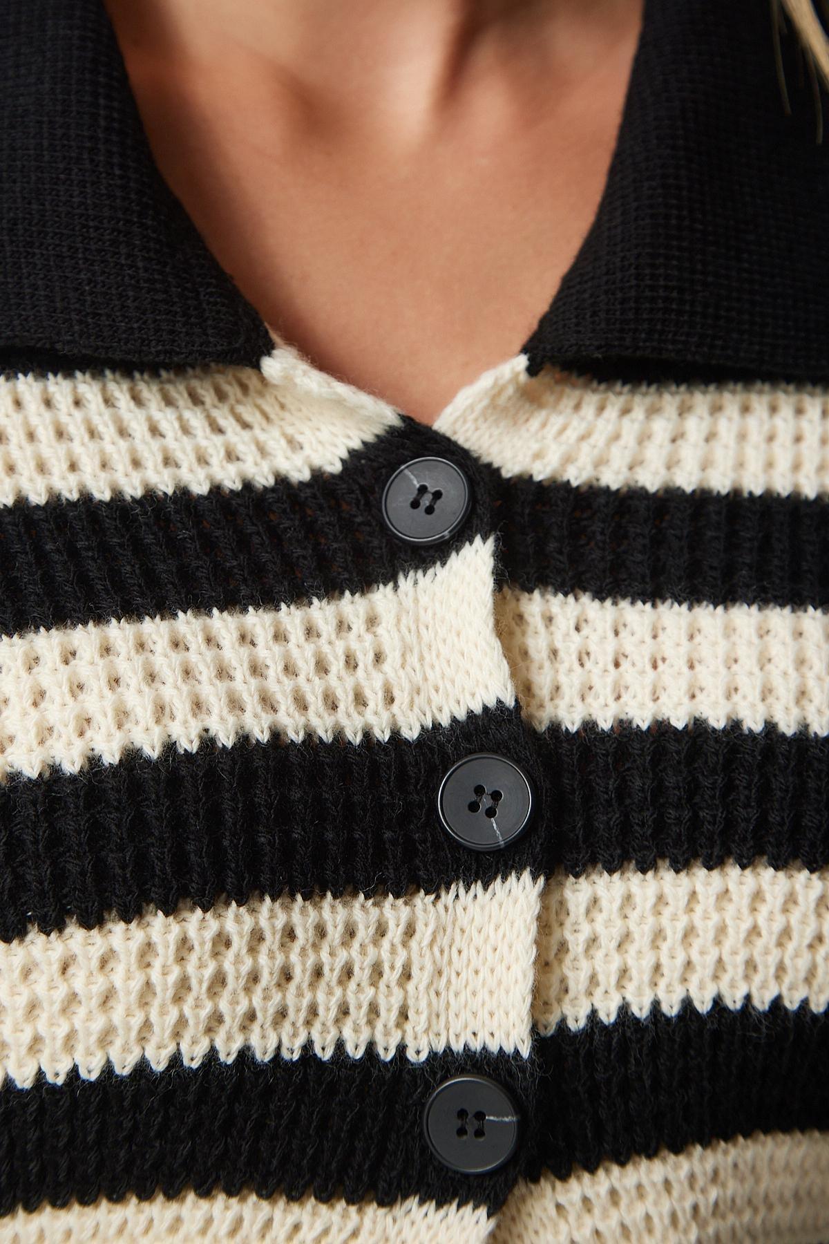 Cream Polo Neck Crop Knitwear Cardigan, BLACK CREAM, large image number 3