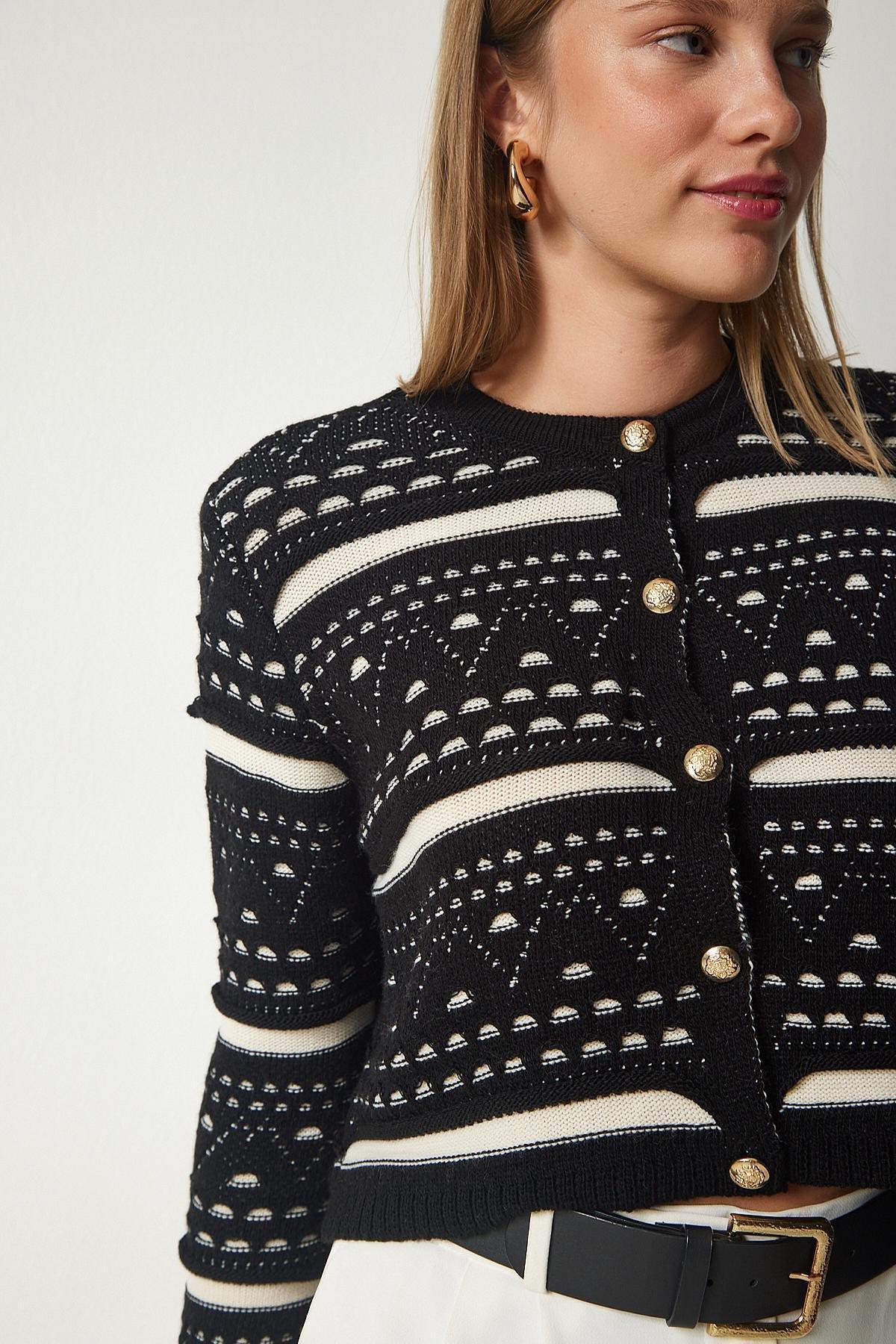 Black Patterned Knitwear Cardigan, BLACK, large image number 2