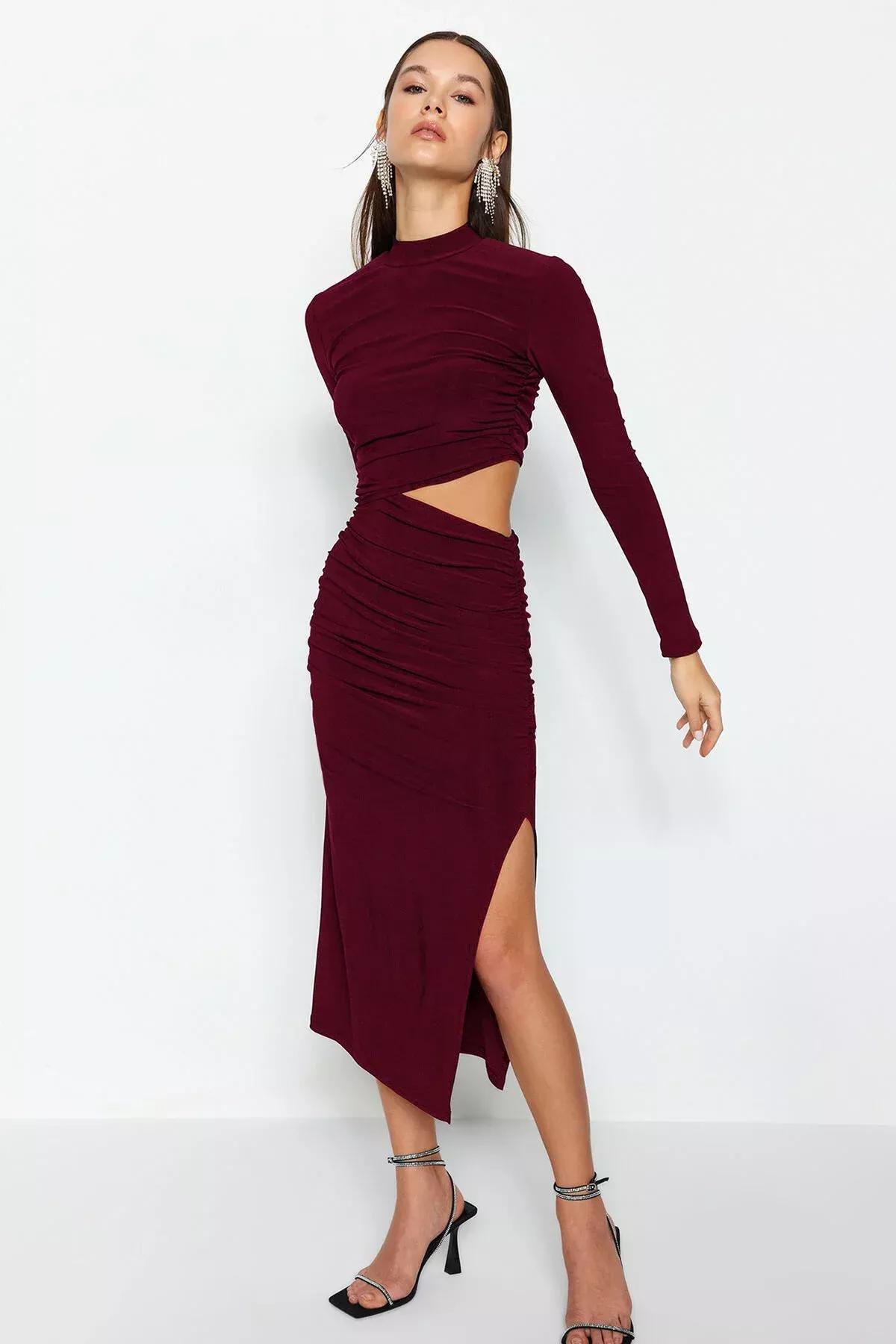 Red Detailed Occasionwear Dress, Burgundy, medium