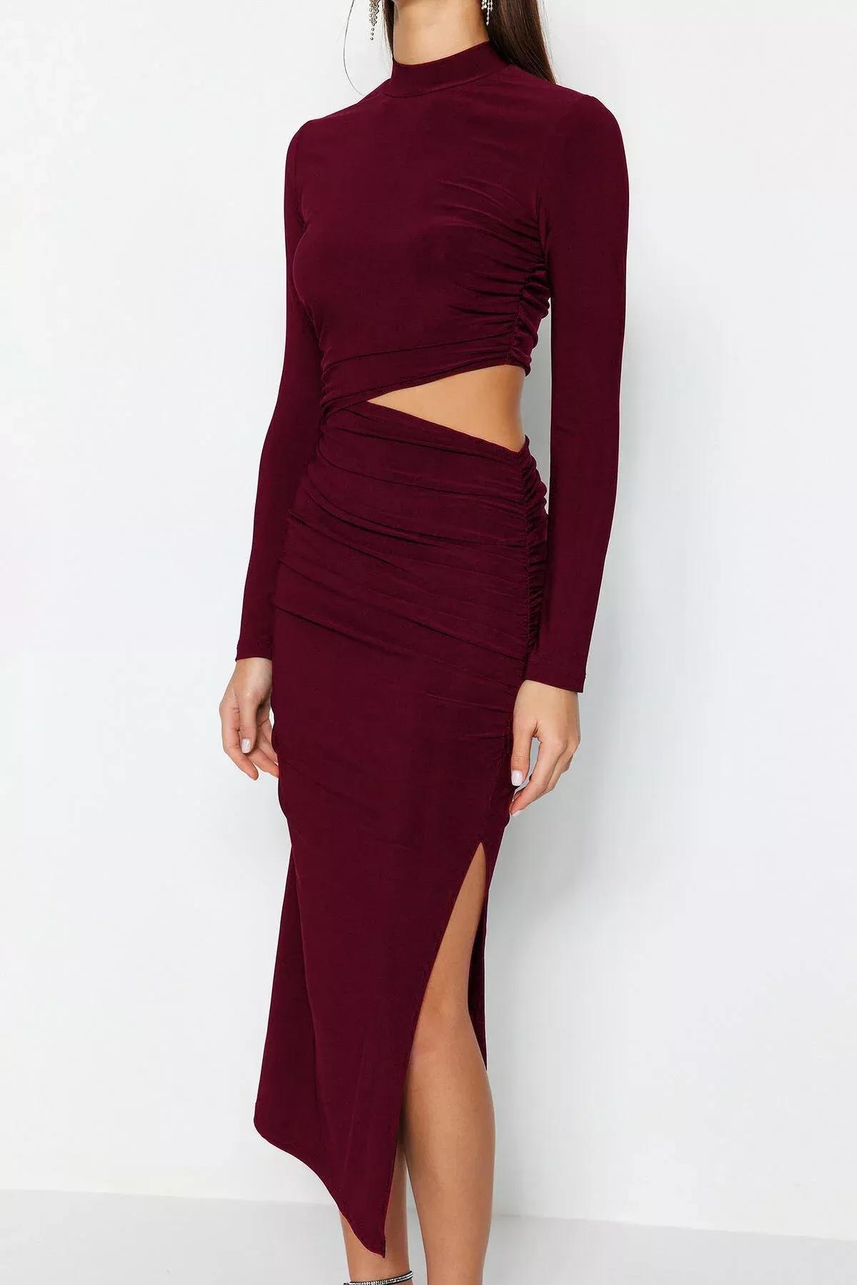 Red Detailed Occasionwear Dress, Burgundy, medium