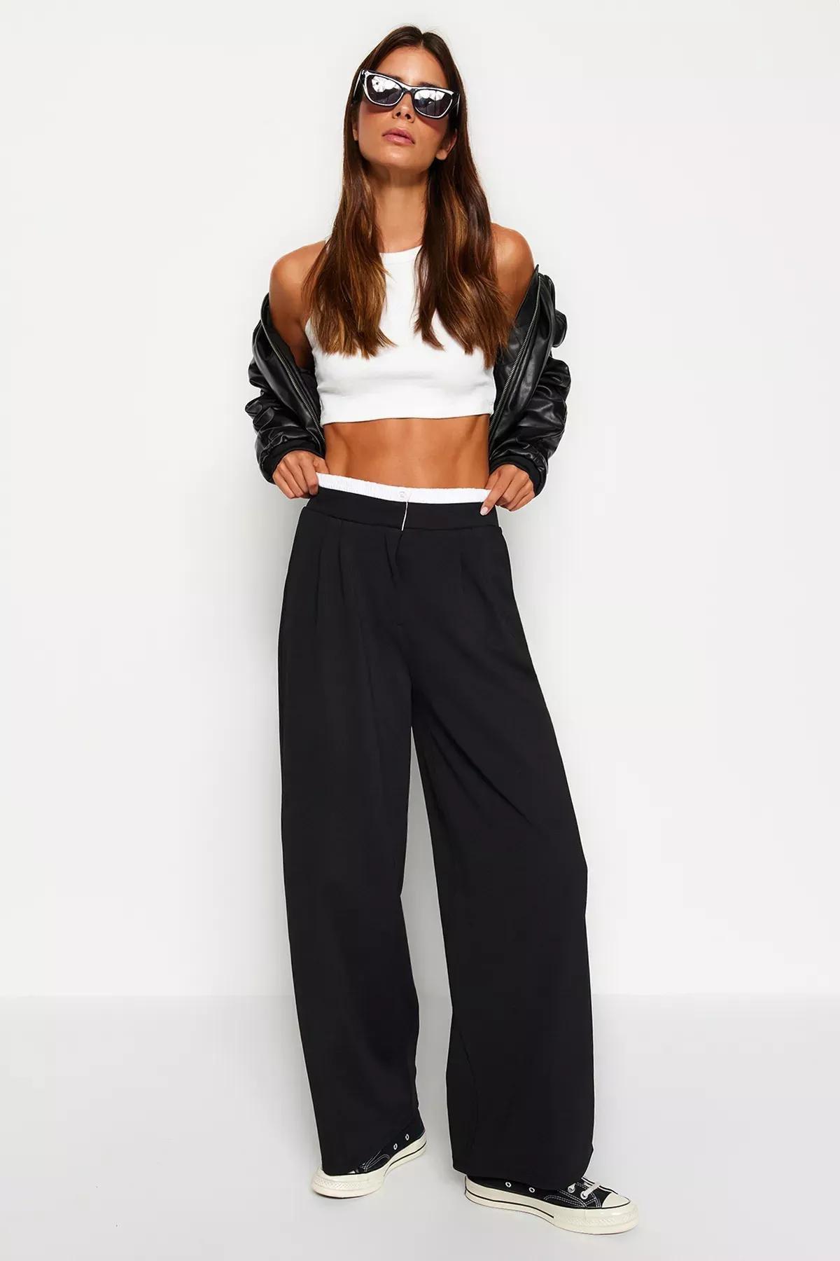 Black Wide Leg Trousers With Belt Detail, BLACK, medium