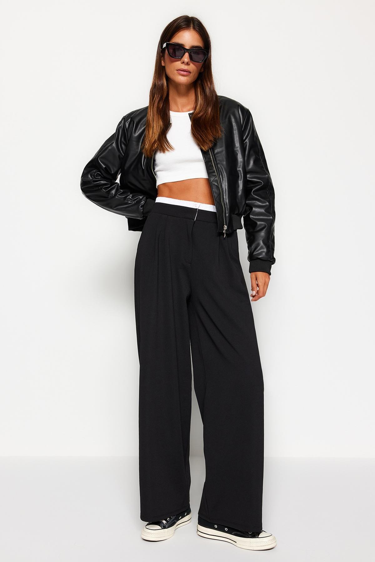 Black Wide Leg Trousers With Belt Detail, , large image number 1