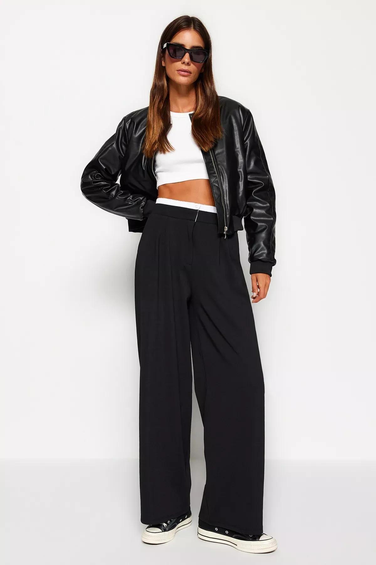 Black Wide Leg Trousers With Belt Detail, BLACK, large image number 1