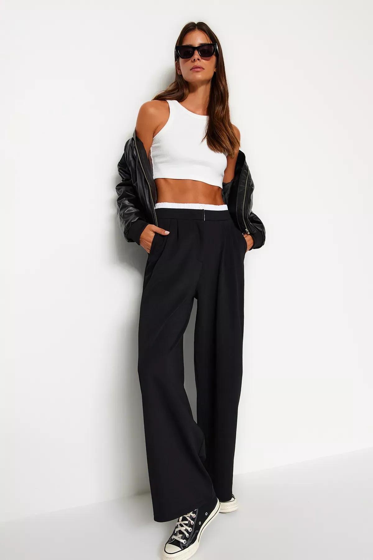 Black Wide Leg Trousers With Belt Detail, BLACK, large image number 2