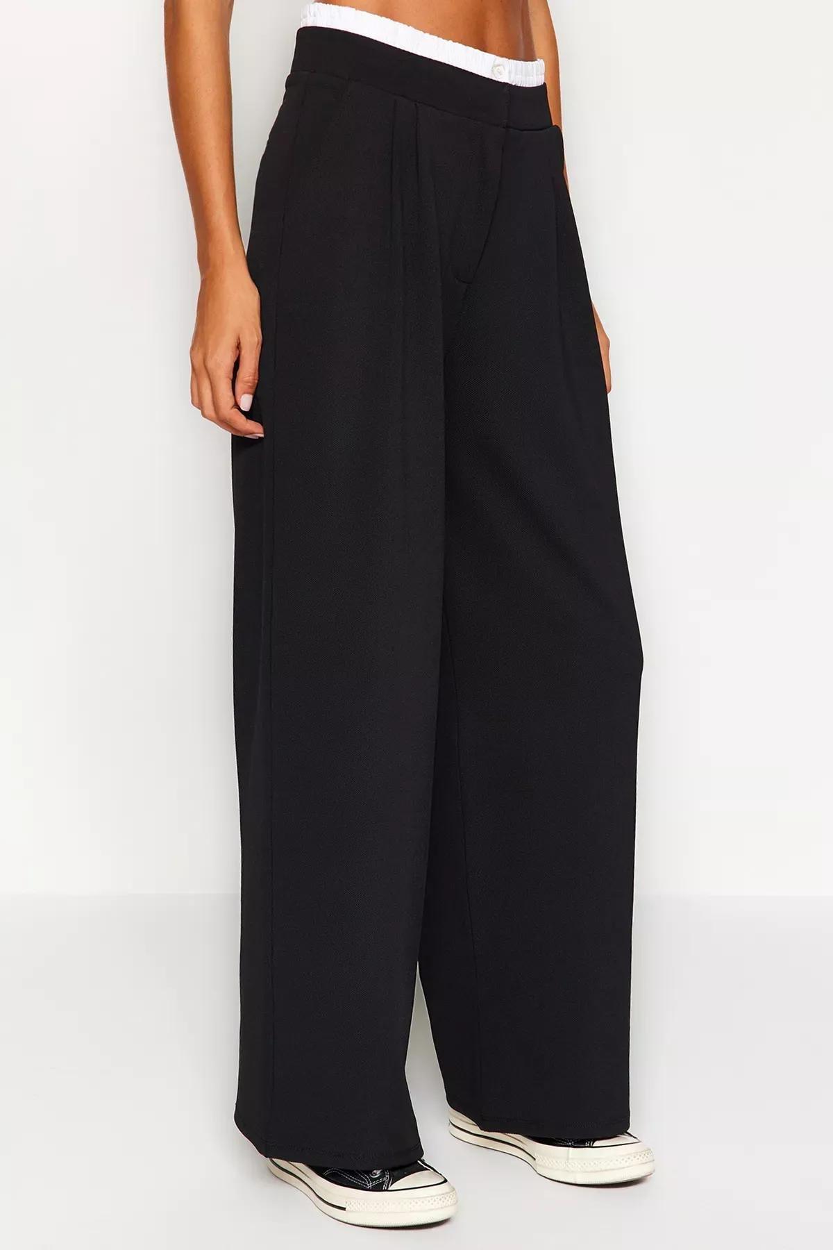 Black Wide Leg Trousers With Belt Detail, BLACK, large image number 3