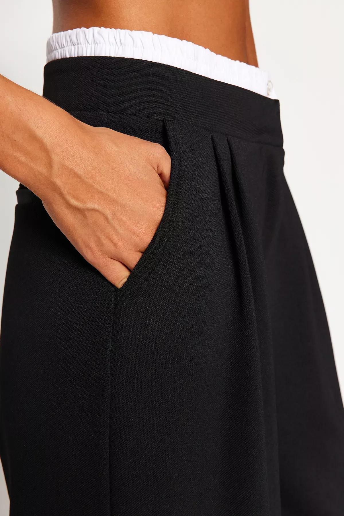 Black Wide Leg Trousers With Belt Detail, BLACK, large image number 4