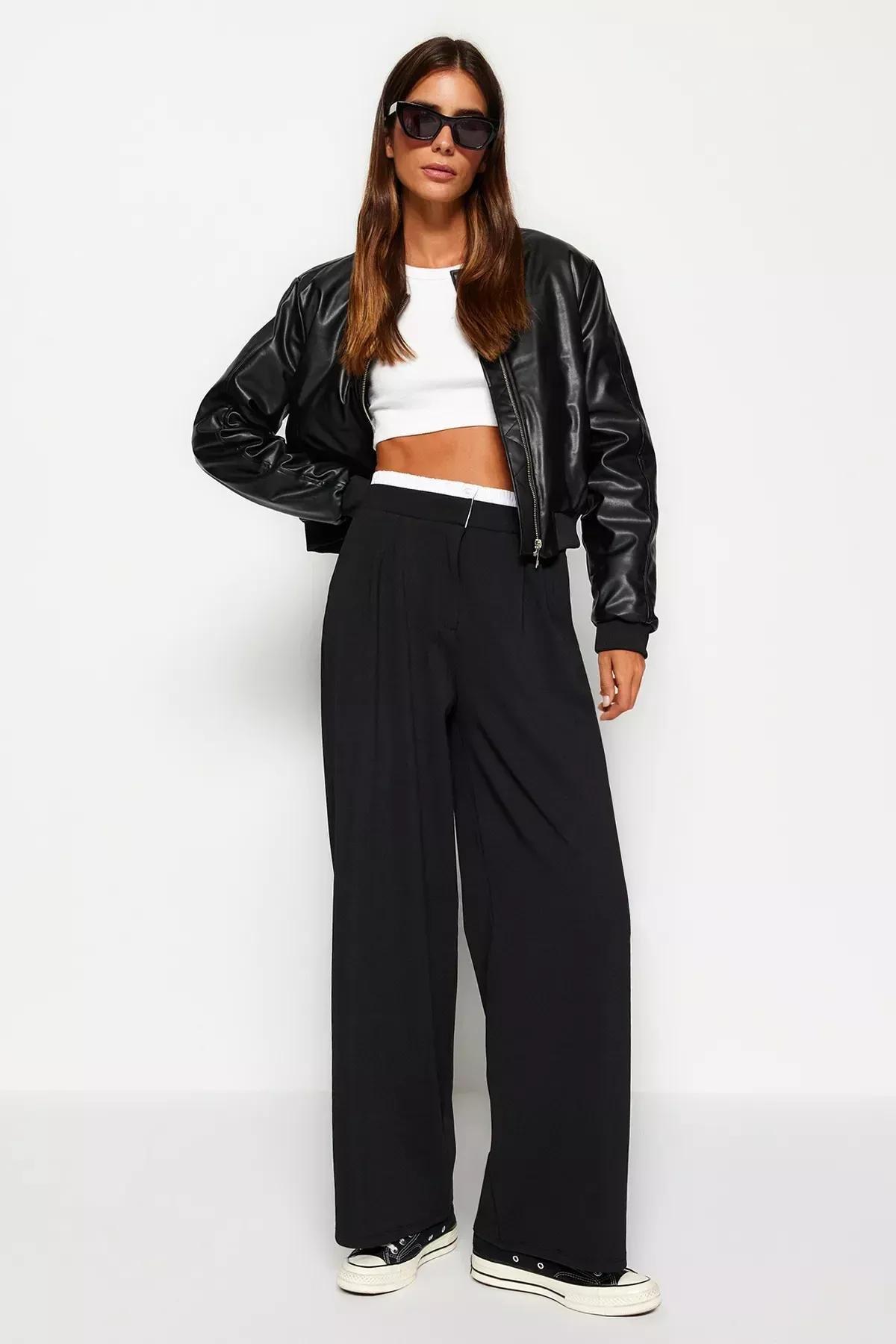 Black Wide Leg Trousers With Belt Detail, BLACK, large image number 5