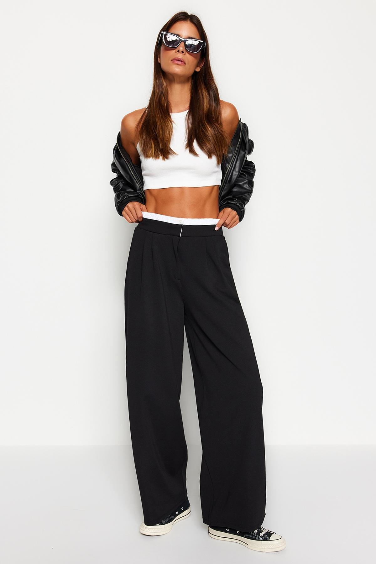 Black Wide Leg Trousers With Belt Detail, , large image number 6