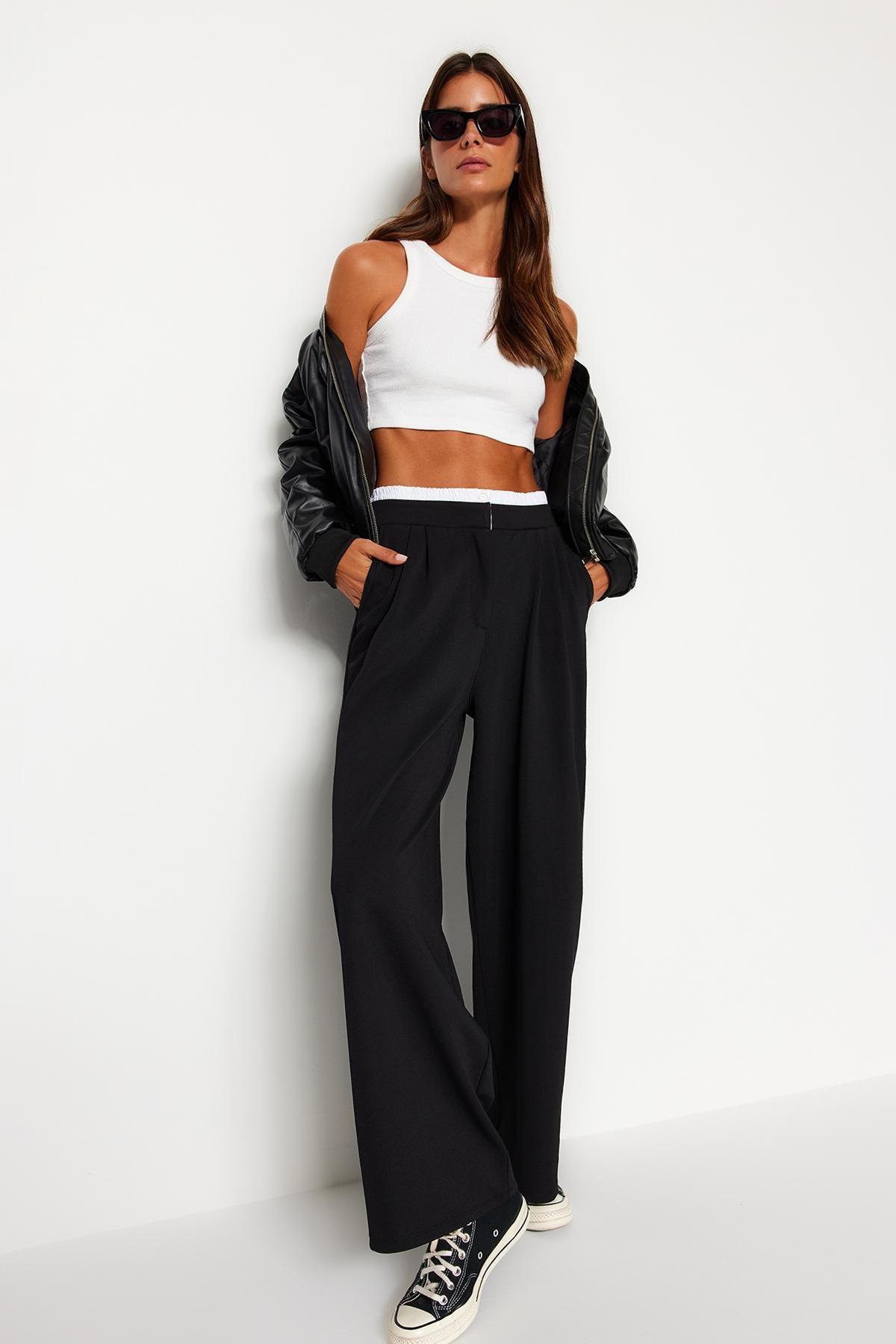 Black Wide Leg Trousers With Belt Detail, , large image number 7
